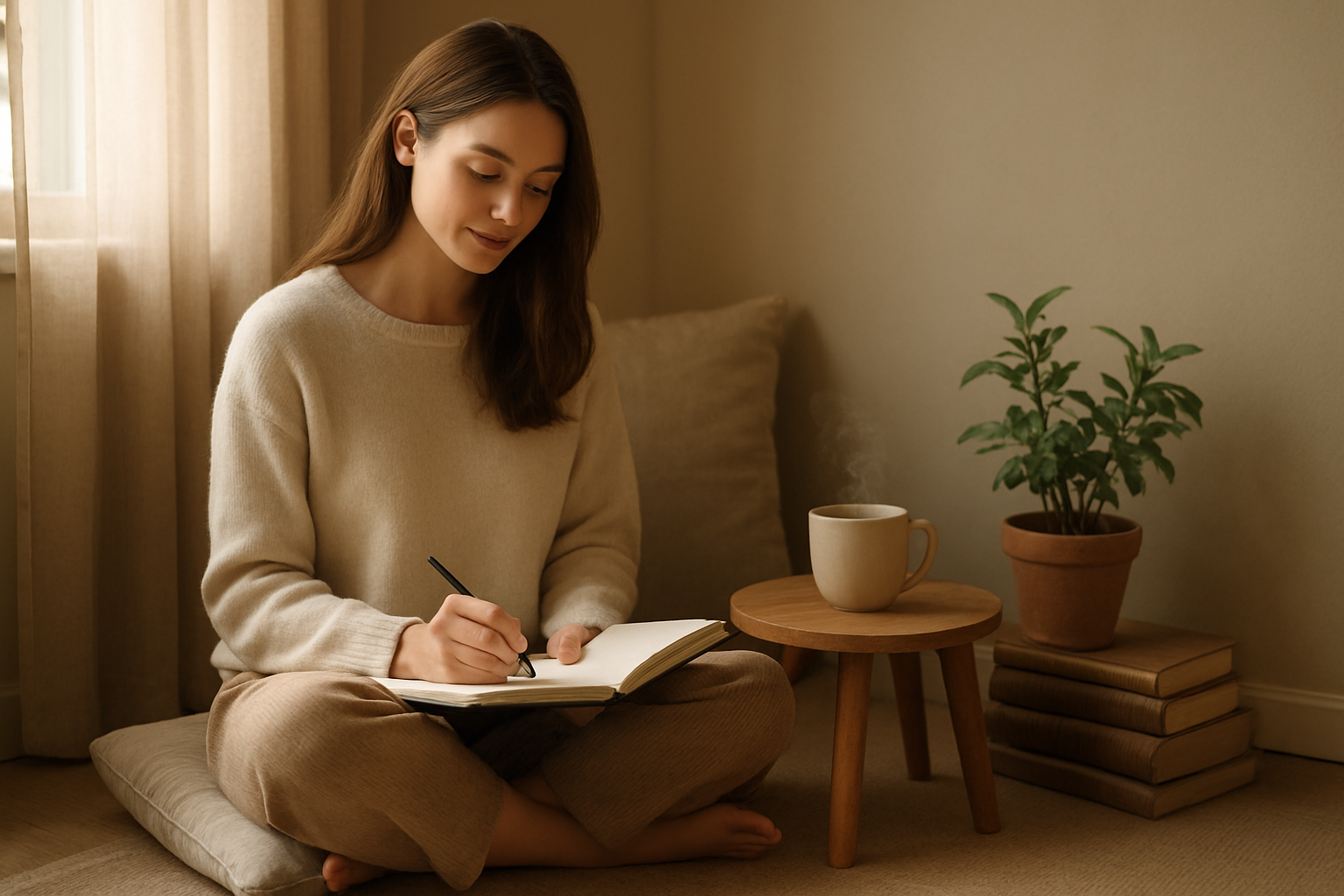 Create a realistic image of a peaceful morning scene showing a young white woman in comfortable home clothes sitting cross-legged on a cushion in a cozy corner of her living room, with an open journal and pen in her lap, a steaming cup of tea on a small side table, soft natural light streaming through a nearby window, a small potted plant and a few spiritual books arranged nearby, creating a serene atmosphere that suggests a manageable daily spiritual practice integrated into home life, with warm earth tones and gentle lighting that conveys tranquility and intentional living, absolutely NO text should be in the scene.