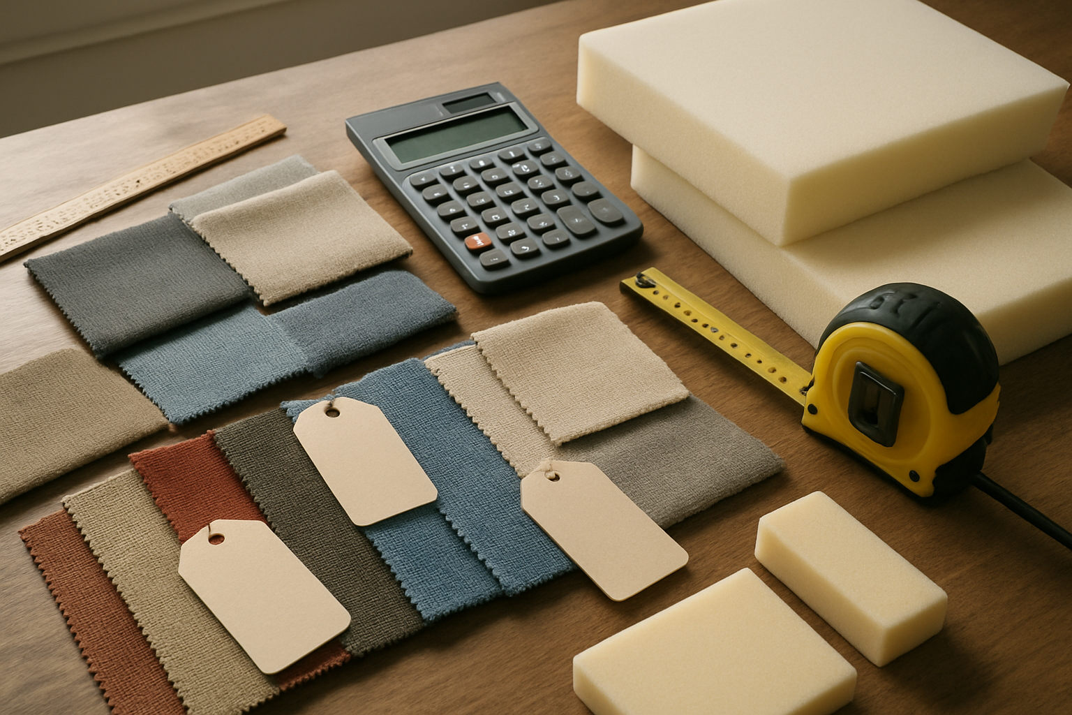 Create a realistic image of various upholstery fabric samples in different colors and textures spread on a wooden table, with measuring tools like a ruler and tape measure, calculator showing numbers, price tags, and different types of sofa cushion foam materials of varying thickness, all arranged to show cost comparison elements for custom sofa manufacturing, with soft natural lighting from a window, absolutely NO text should be in the scene.