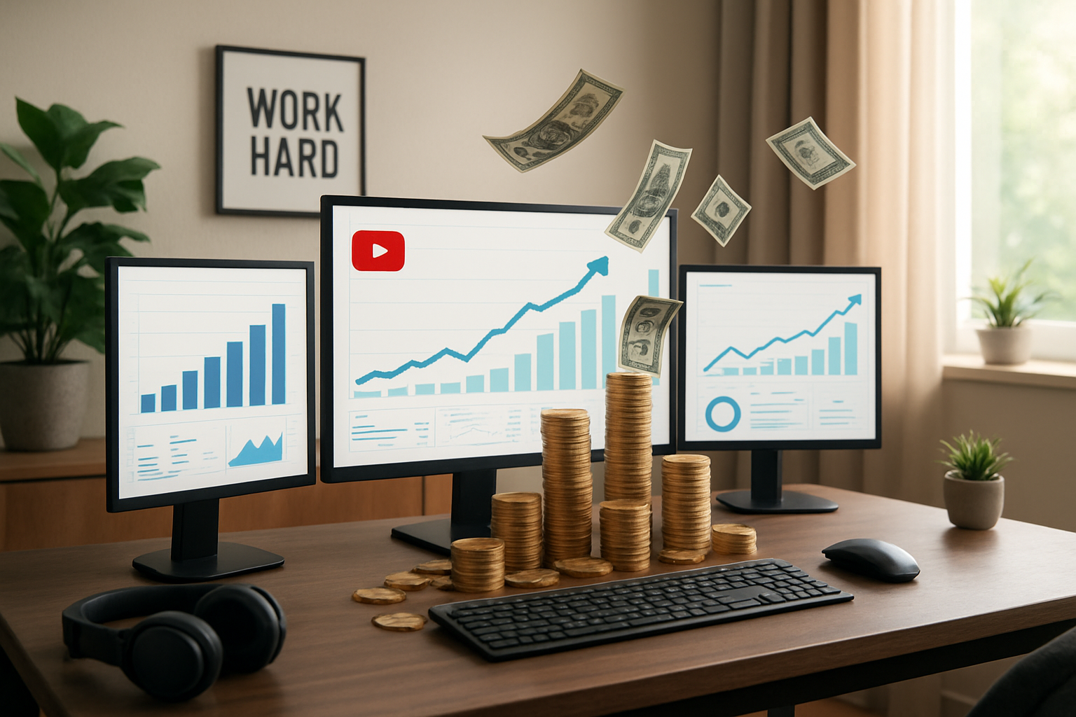 Create a realistic image of a modern workspace showing multiple income streams flowing from YouTube content creation, featuring a sleek computer setup with multiple monitors displaying YouTube analytics dashboards and revenue graphs with upward trending arrows, stacks of coins and dollar bills materializing from the screens representing passive income, a comfortable home office environment with soft natural lighting from a window, plants and motivational decor in the background, and a sense of financial growth and automation through digital content, absolutely NO text should be in the scene.