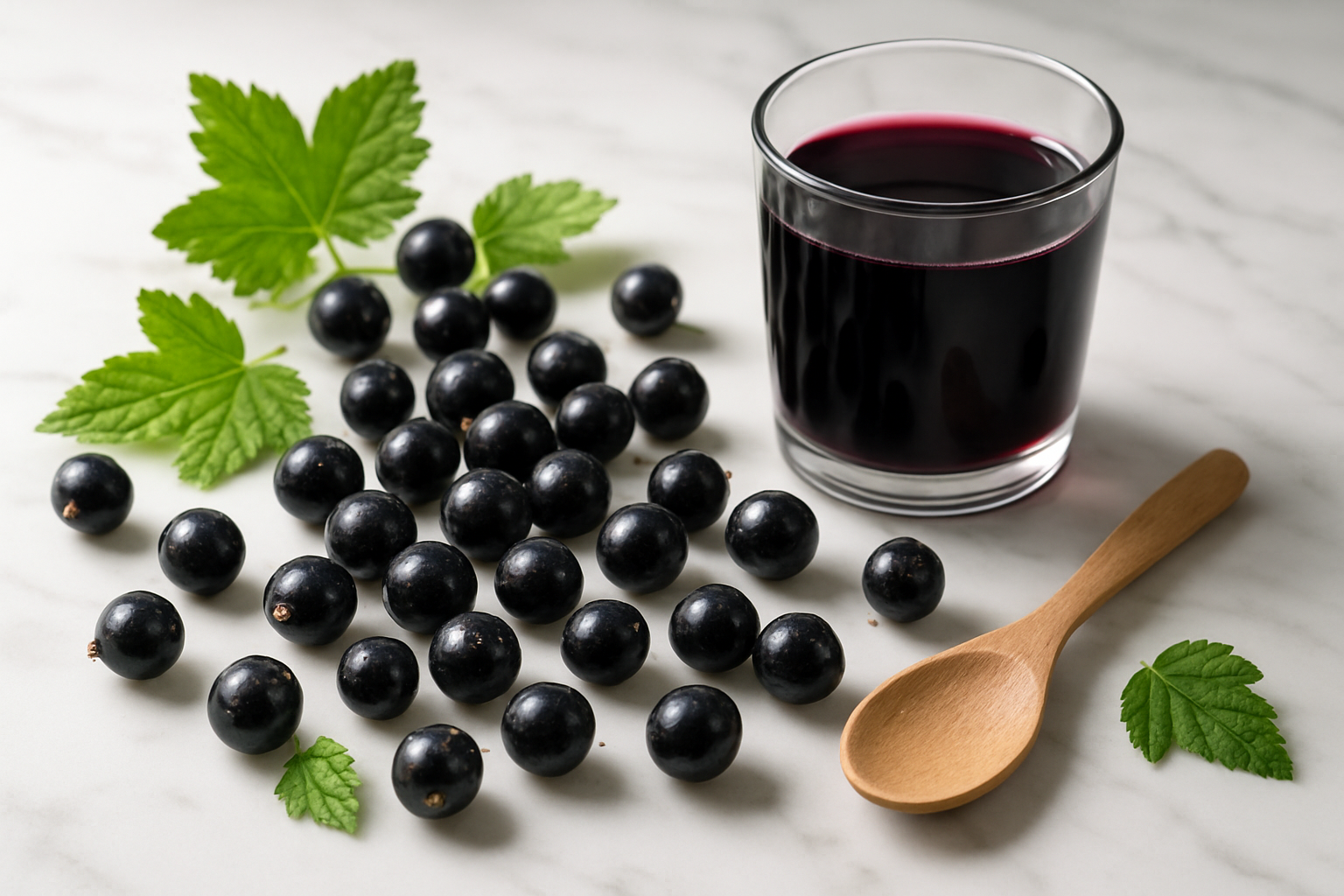 Create a realistic image of fresh black currants scattered artfully on a clean white marble surface with vibrant green leaves, alongside subtle wellness symbols like a wooden spoon, glass of dark purple juice, and soft natural lighting from a window creating gentle shadows, conveying health and vitality through the rich purple-black berries glistening with morning dew, absolutely NO text should be in the scene.