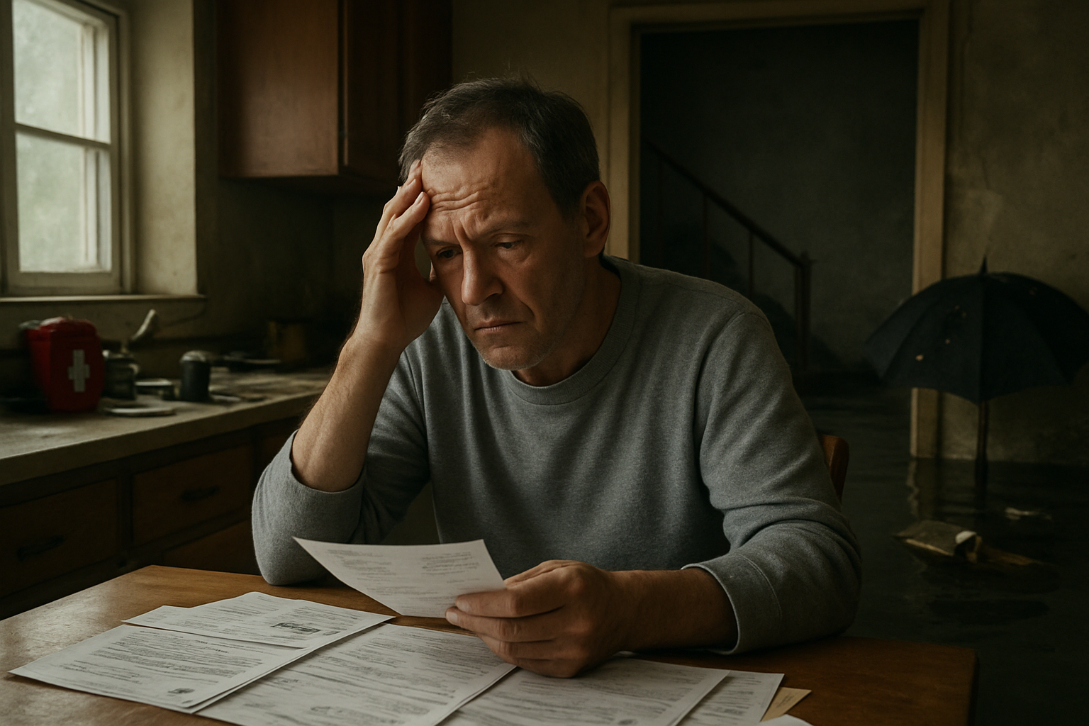 Create a realistic image of a middle-aged white male sitting at a kitchen table looking worried while reviewing unpaid bills and documents, with a flooded basement visible in the background showing water damage and ruined belongings, an umbrella with holes leaning against the wall symbolizing inadequate protection, emergency kit items like flashlight and first aid supplies scattered and incomplete on a nearby counter, dim natural lighting from a window creating a somber mood that emphasizes financial vulnerability and lack of preparedness, absolutely NO text should be in the scene.