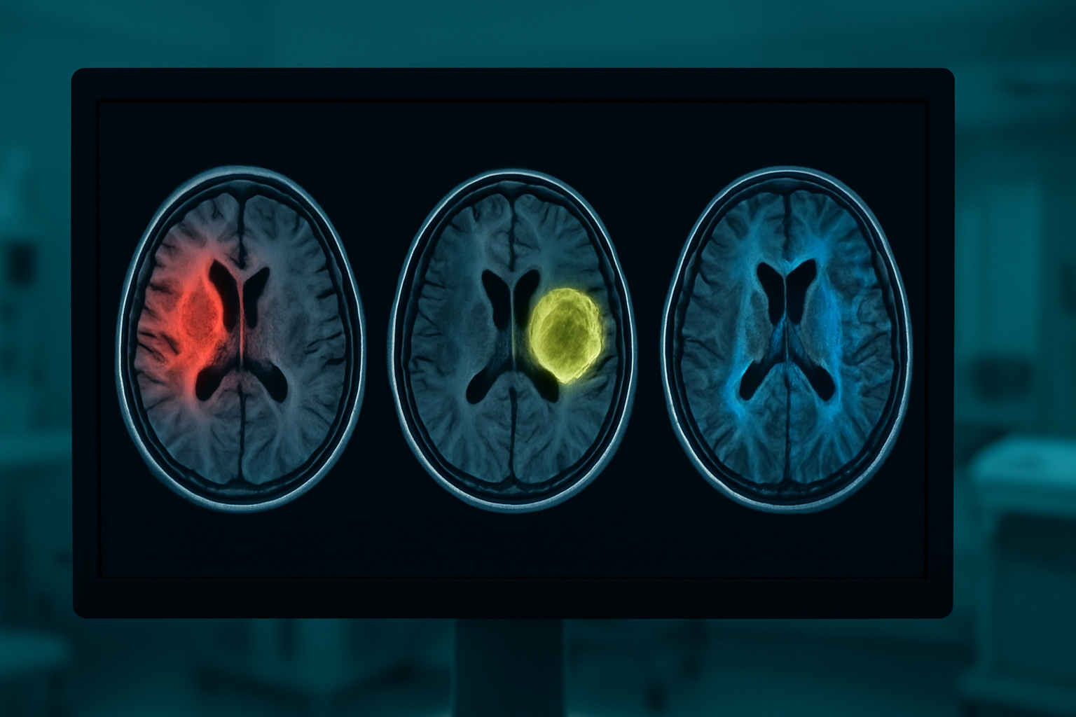 Create a realistic image of a split-screen medical visualization showing different brain conditions detectable through diffusion MRI, featuring cross-sectional brain scans with highlighted areas indicating stroke damage, tumor regions, and white matter tract abnormalities, displayed on dark medical monitor backgrounds with subtle blue-green medical lighting, professional clinical atmosphere with clean modern medical equipment visible in soft focus background, Absolutely NO text should be in the scene.