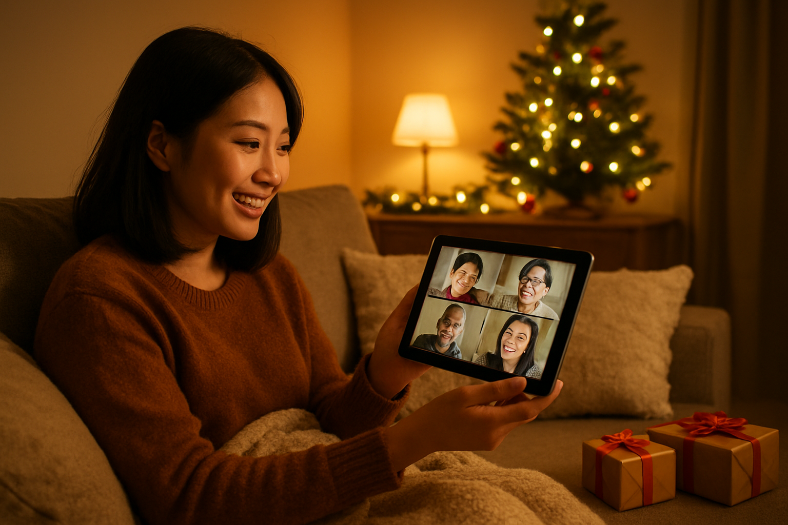 Create a realistic image of a young Asian female sitting on a cozy couch in a warmly lit living room, holding a smartphone or tablet showing a video call screen with multiple family members visible, Christmas decorations including a small tree with lights and ornaments in the background, warm golden lighting creating an intimate atmosphere, the woman smiling while engaged in conversation, a few wrapped presents nearby, soft blankets and pillows on the couch, creating a sense of connection despite physical distance during the holiday season, absolutely NO text should be in the scene.