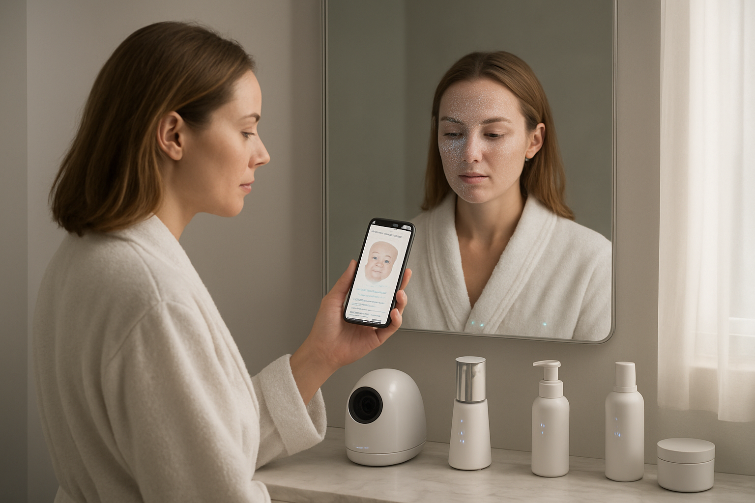 Create a realistic image of a modern bathroom vanity scene showing a white female in her 30s standing in front of a smart mirror with subtle blue LED indicators, holding a sleek smartphone displaying a beauty app interface, with high-tech skincare devices including a facial scanner and automated serum dispenser visible on the marble countertop, surrounded by minimalist smart beauty products with sensor technology, soft natural lighting from a window creating an elegant morning atmosphere, with the smart mirror appearing to analyze her skin condition through gentle scanning light patterns, creating a seamless integration of technology into daily beauty routines, absolutely NO text should be in the scene.