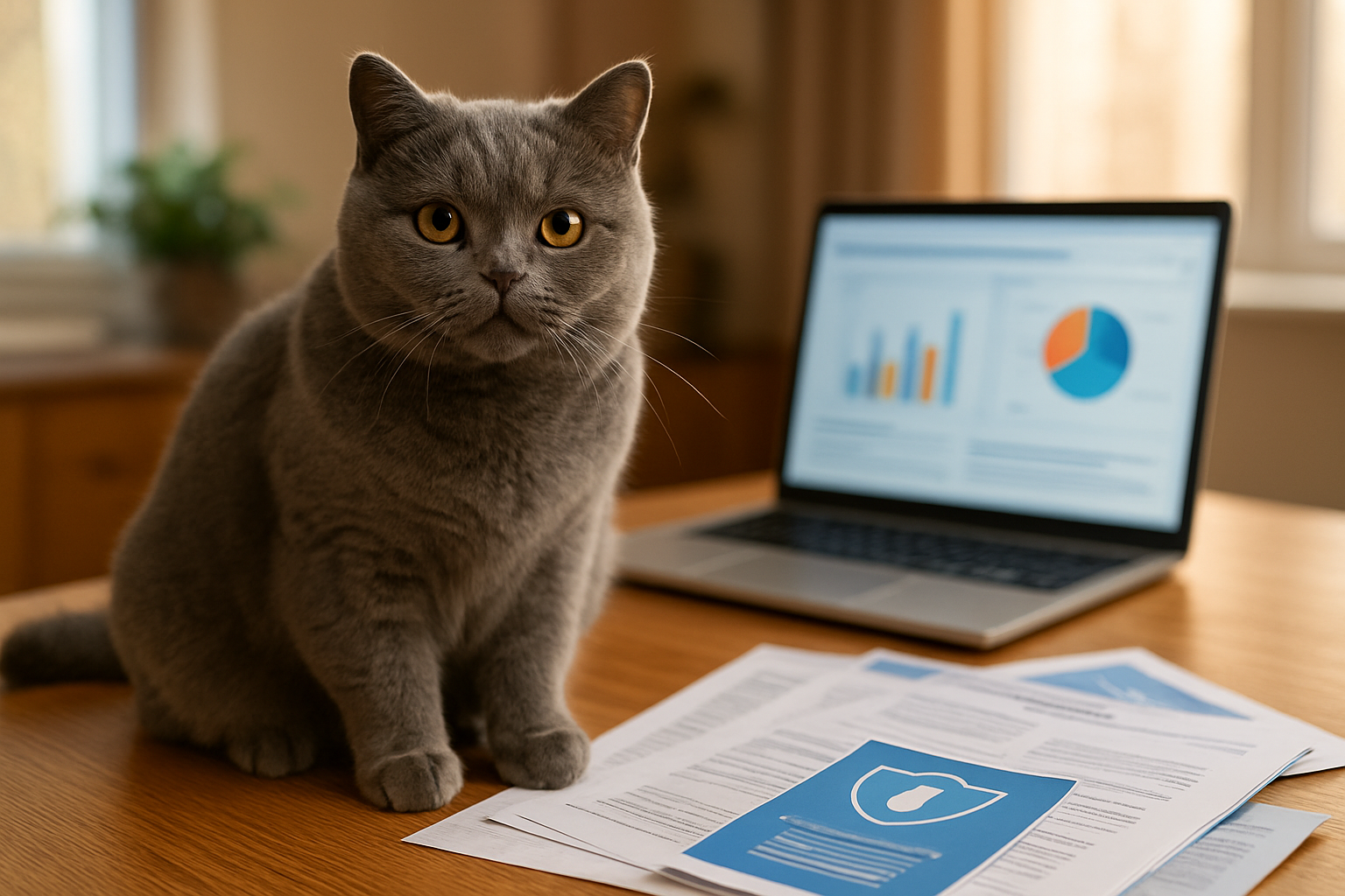 Create a realistic image of a British Shorthair cat with grey-blue fur sitting on a wooden desk next to scattered insurance policy documents and brochures, with a laptop computer displaying insurance comparison charts in the background, warm natural lighting from a window creating a cozy home office atmosphere, the cat looking calm and attentive toward the camera, soft focus on background elements to emphasize the cat as the main subject, absolutely NO text should be in the scene.