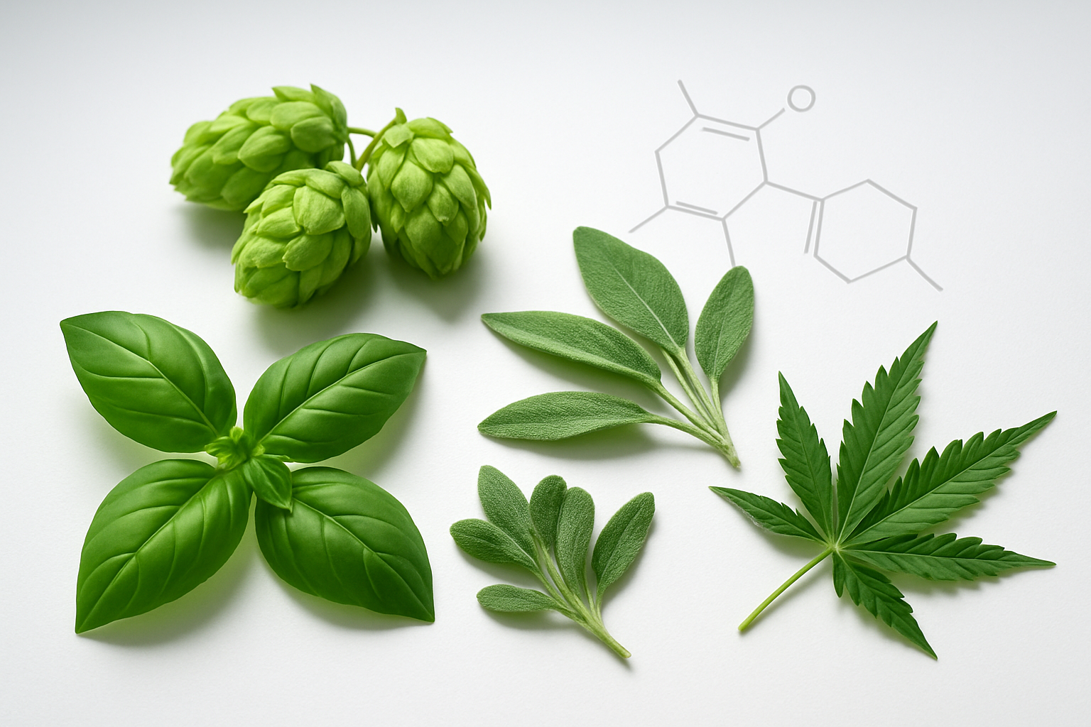 Your task is to craft a detailed, descriptive image prompt that will guide AI image generators to create a realistic image that represents the given blog section heading, considering the context of the blog post title.

Here are the details:
1. Blog post title: "What Is Humulene and Why Does It Show Up in Hops, Herbs, and Cannabis?"
2. Blog section heading: "Understanding Humulene as a Natural Botanical Compound"

Guidelines:
1. Identify the key elements required to represent the section image. Consider the following aspects:Subjects (people, objects, or places), Complementary elements, Background, Mood, Actions/activities, Scene & Lighting.
2. Specify people or persons only if required. When mentioning people as subjects, always include their race (e.g., white, black) and gender (e.g., male, female).
3. Include only relevant and necessary details. Do not make the prompt too complicated.
4. Ensure the prompt is concise yet comprehensive, providing all necessary details to generate an image that accurately represents the blog section.
5. Strictly avoid including text within the images. Add this to the prompt 'Absolutely NO text should be in the scene.'
6. Remember that AI image generators will draw anything specified in the prompt.

Output Instructions:
1. Start the prompt with "Create a realistic image of..." to ensure the generated image has a realistic style.
2. Write the entire image prompt in a single line without any line breaks.
3. Do NOT add any introductory or conclusive lines before or after the image prompt.
4. Provide only one image prompt, and regardless of the title or outline language, the image prompt should always be in English.