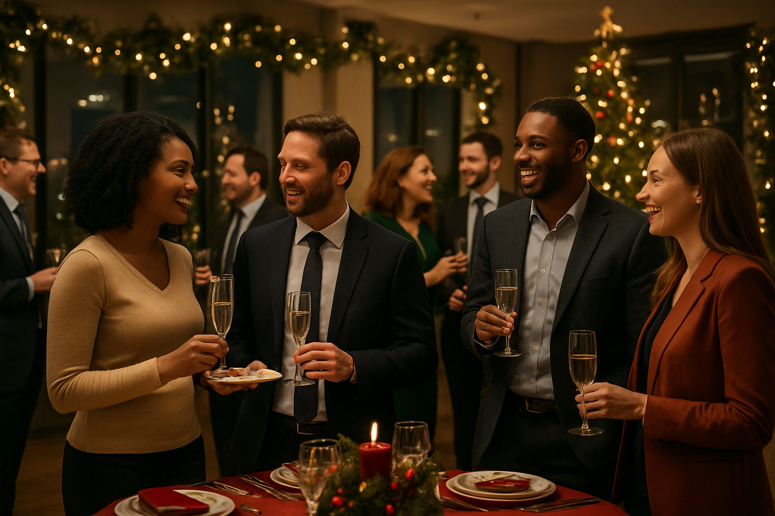 Create a realistic image of a successful office Christmas party in full swing with diverse employees including white and black males and females celebrating together in a decorated corporate venue, featuring elegant Christmas decorations with twinkling lights and garland, people holding drinks and appetizers while socializing in small groups, warm ambient lighting creating a cozy festive atmosphere, holiday-themed table settings with elegant dinnerware, a beautifully decorated Christmas tree in the background, and an overall scene of professional colleagues enjoying a well-organized memorable celebration, absolutely NO text should be in the scene.