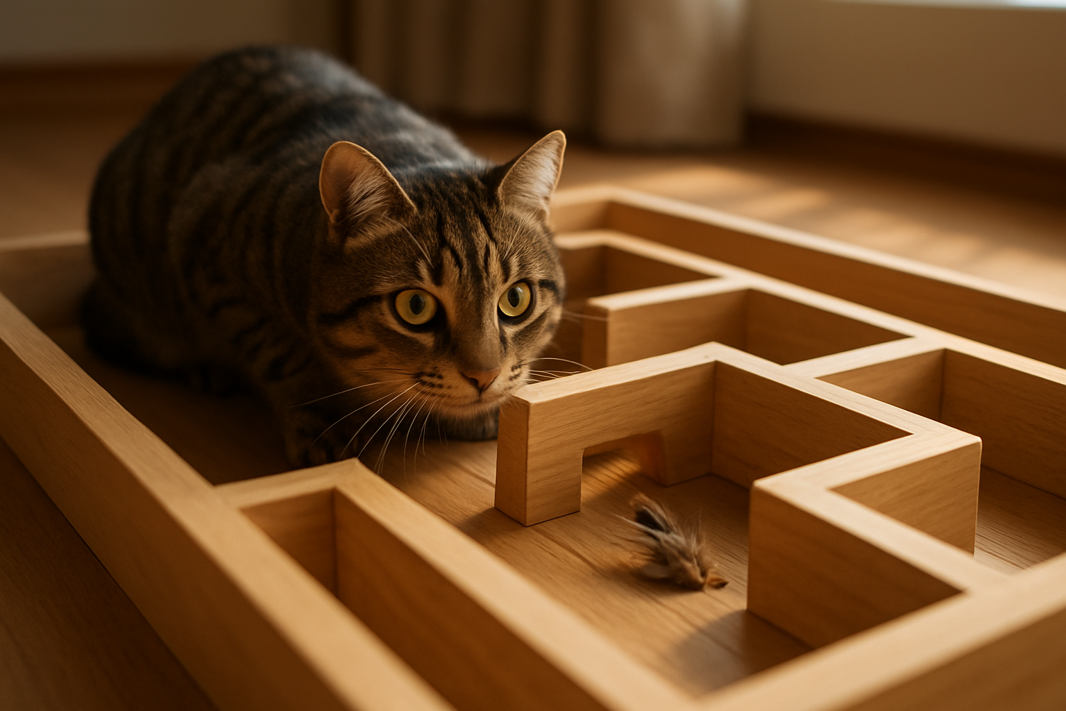 Create a realistic image of an indoor tabby cat in a hunting crouch position inside a wooden maze toy, with the cat's eyes focused intensely on a small feather toy or ball visible through one of the maze openings, showing the cat's natural predatory instincts being engaged, warm natural lighting from a nearby window illuminating the wooden maze structure on a living room floor, creating shadows and depth that emphasize the cat's focused hunting behavior, absolutely NO text should be in the scene.