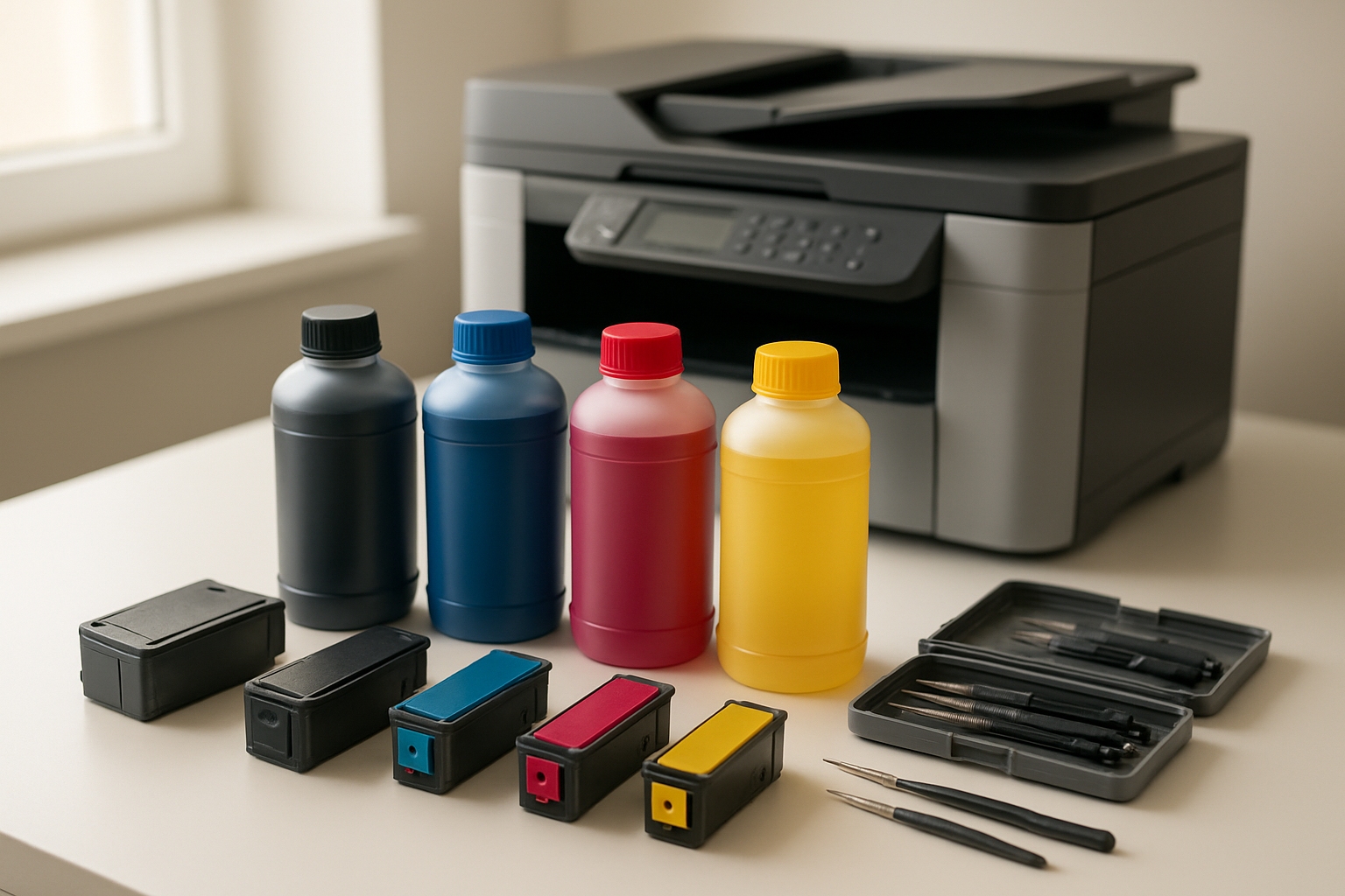 Create a realistic image of a professional printer service scene showing multiple ink cartridges and toner containers neatly arranged on a clean white desk, with a modern multifunction printer in the background, various ink bottles in black, cyan, magenta, and yellow colors, some opened cartridges displaying fresh ink, a small toolkit with precision tools for printer maintenance, soft natural lighting from a window creating gentle shadows, clean and organized workspace atmosphere suggesting professional service quality, warm and trustworthy mood, absolutely NO text should be in the scene.