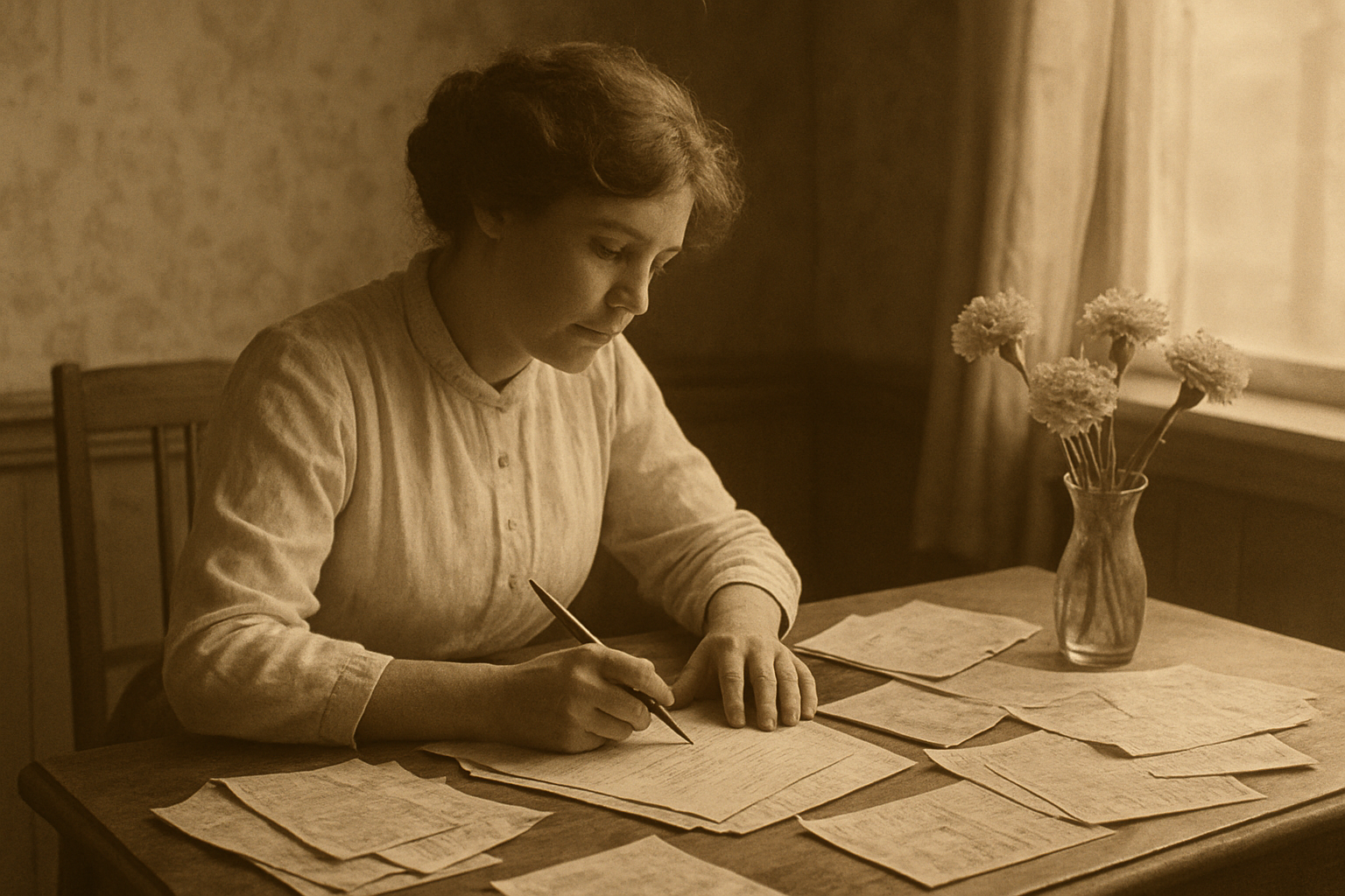 Create a realistic image of an antique sepia-toned photograph from the early 1900s showing a white female social activist writing at a wooden desk with vintage paper and an ink pen, surrounded by historical documents and letters scattered on the desk surface, with soft natural lighting coming through a window creating gentle shadows, depicting the peaceful yet determined atmosphere of early Mother's Day advocacy work, with vintage floral elements like carnations in a simple vase nearby, set in a period-appropriate room with wooden furniture and wallpaper patterns typical of the early 20th century, absolutely NO text should be in the scene.