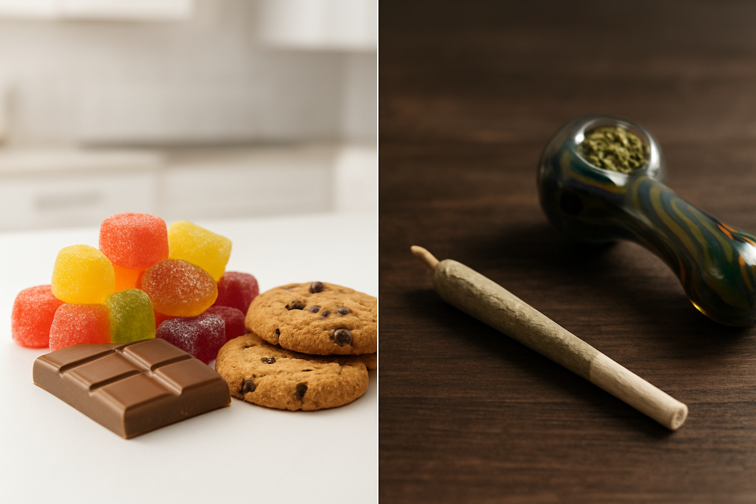 Create a realistic image of a split-screen comparison showing cannabis edibles on the left side including colorful gummies, chocolate bars, and cookies arranged on a clean white surface, and traditional smoking methods on the right side featuring a rolled joint and smoking pipe on a dark wooden table, with soft natural lighting highlighting the contrast between the two consumption methods, clean modern kitchen background, absolutely NO text should be in the scene.