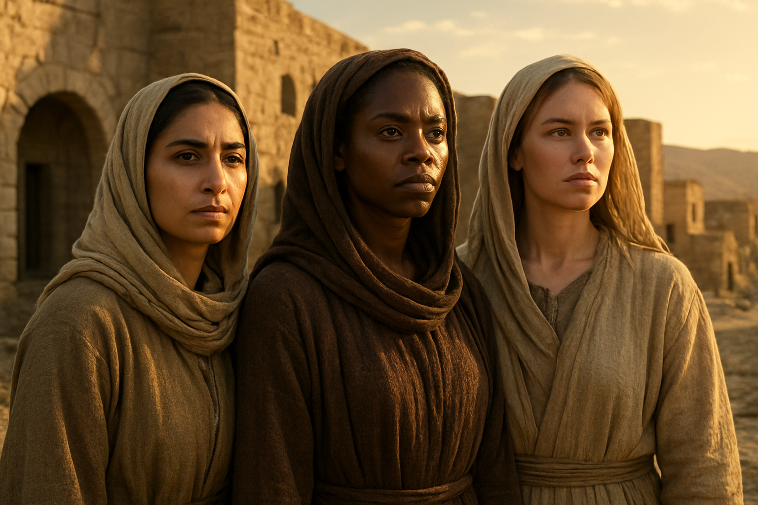 Create a realistic image of a diverse group of three women of different ethnicities - one Middle Eastern woman, one Black woman, and one white woman - standing together in an ancient Middle Eastern setting with stone buildings and desert landscape in the background, all wearing biblical-era robes and head coverings, displaying expressions of determination and strength, with warm golden sunlight illuminating their faces from the side, creating a powerful and inspiring atmosphere that conveys courage and divine purpose, absolutely NO text should be in the scene.