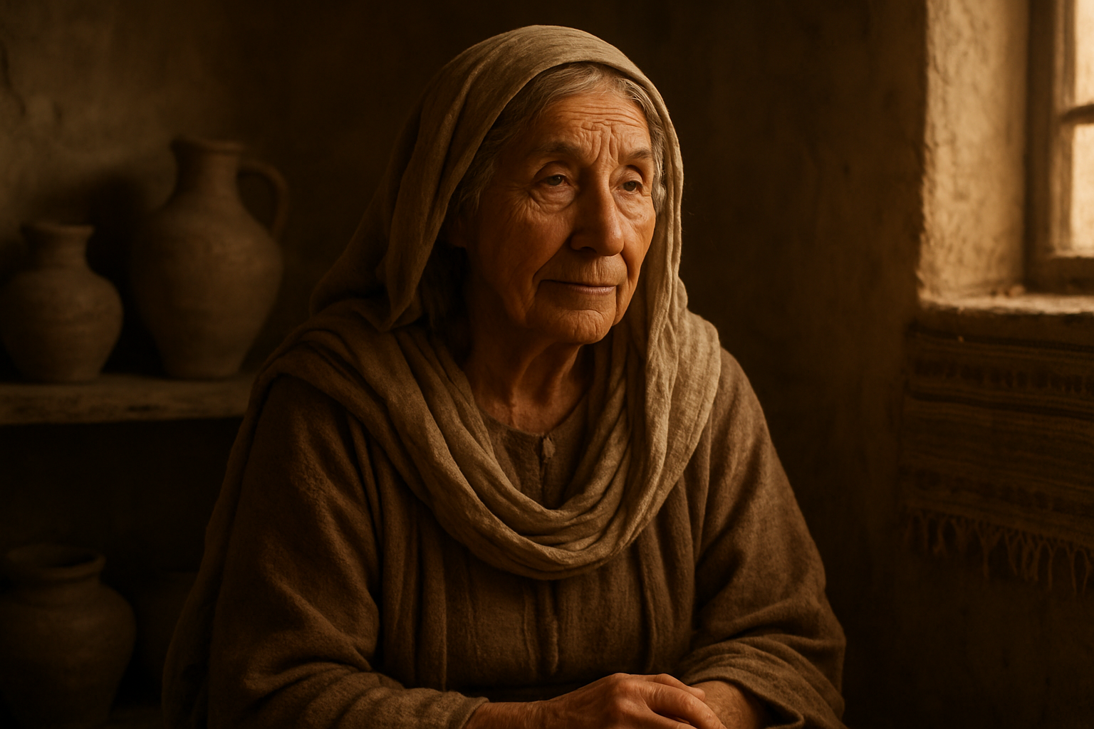 Create a realistic image of an elderly Middle Eastern woman with wise, weathered features and gentle eyes, wearing traditional biblical-era clothing in earth tones, sitting peacefully in a rustic ancient home with clay pottery and woven textiles visible in the background, soft warm lighting streaming through a window creating a contemplative and reverent atmosphere that conveys wisdom and maternal strength, absolutely NO text should be in the scene.