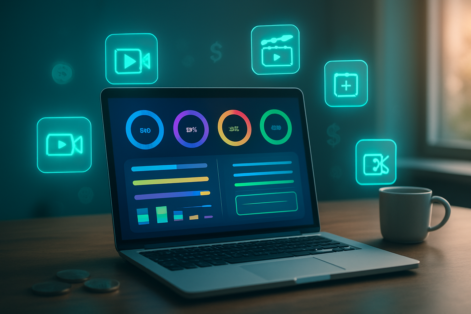 Create a realistic image of a modern digital workspace showing a laptop screen displaying a vibrant dashboard with colorful credit meters, progress bars, and free trial indicators, surrounded by floating holographic icons representing video creation tools, with soft blue and green lighting creating a tech-savvy atmosphere, coins and dollar signs subtly integrated into the background to represent cost savings, clean minimalist desk setup with a coffee cup nearby, warm ambient lighting from a nearby window, absolutely NO text should be in the scene.