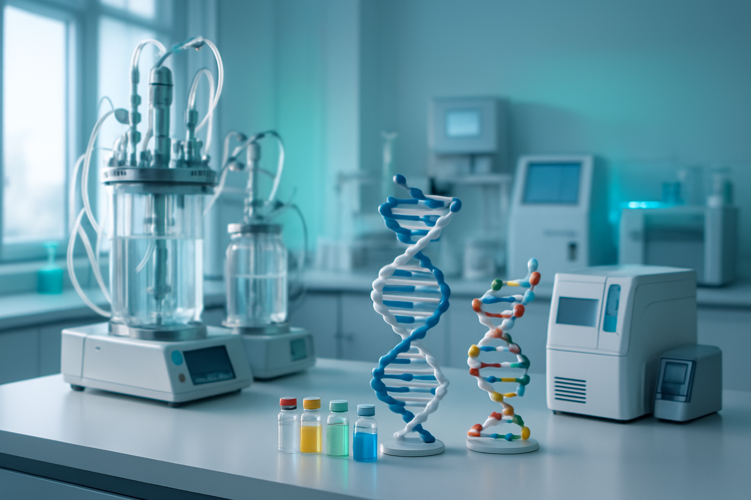 Create a realistic image of a modern laboratory setting with advanced biopharmaceutical equipment including bioreactors, cell culture vessels, and precision molecular instruments on sleek white countertops, with soft natural lighting streaming through large windows, featuring DNA double helix molecular models and colorful pharmaceutical vials arranged prominently in the foreground, clean minimalist background with subtle blue and green accent lighting suggesting innovation and hope, conveying a sense of cutting-edge scientific breakthrough and medical advancement, absolutely NO text should be in the scene.