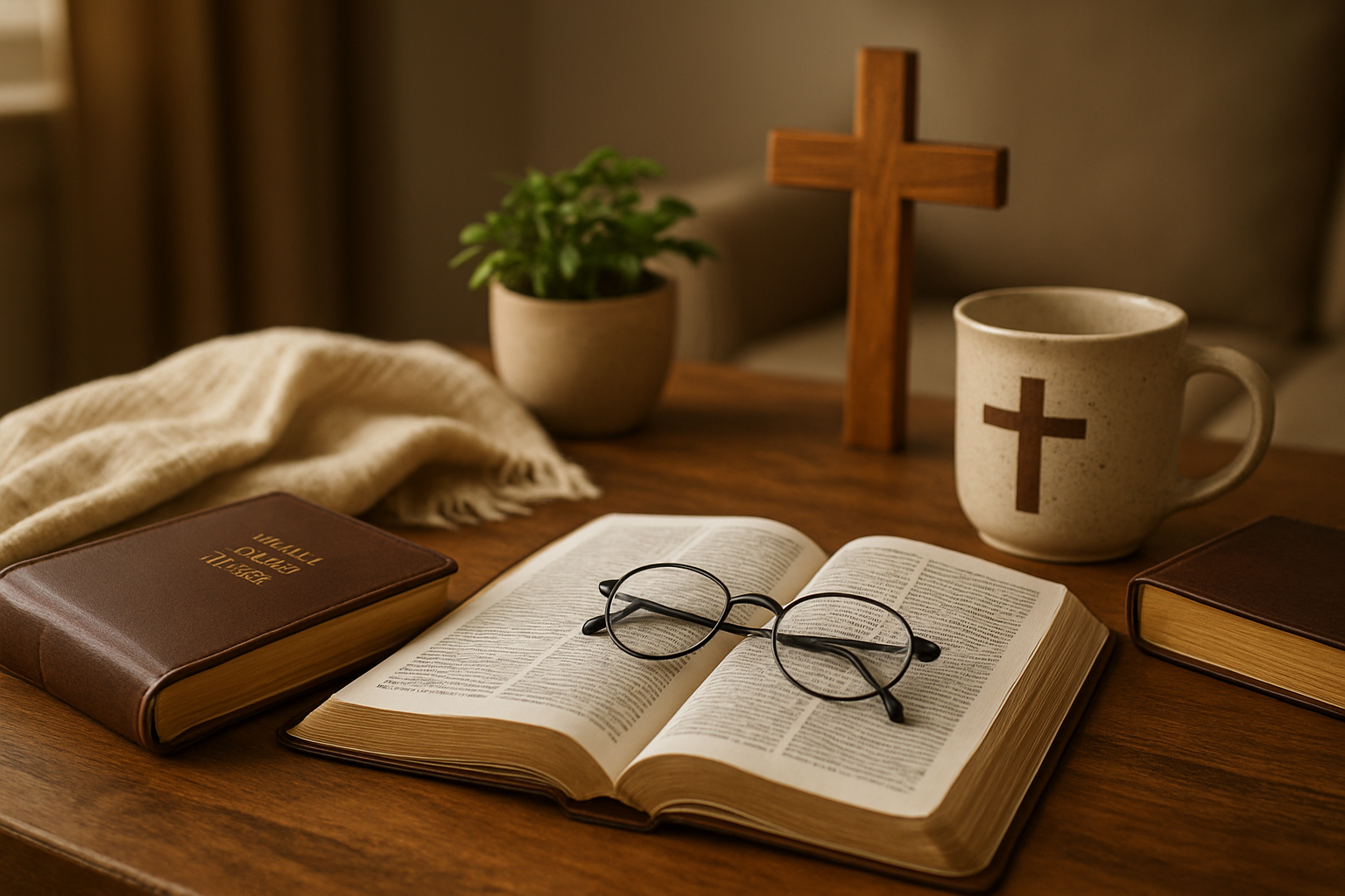 Create a realistic image of a collection of practical Christian faith-based gifts arranged on a wooden table, including a leather-bound Bible with large print, a wooden cross wall hanging, a soft prayer shawl, a ceramic mug with a cross design, a devotional book, reading glasses resting on an open scripture book, and a small potted plant, all arranged in warm natural lighting with a cozy home interior background suggesting comfort and spirituality for elderly individuals, absolutely NO text should be in the scene.
