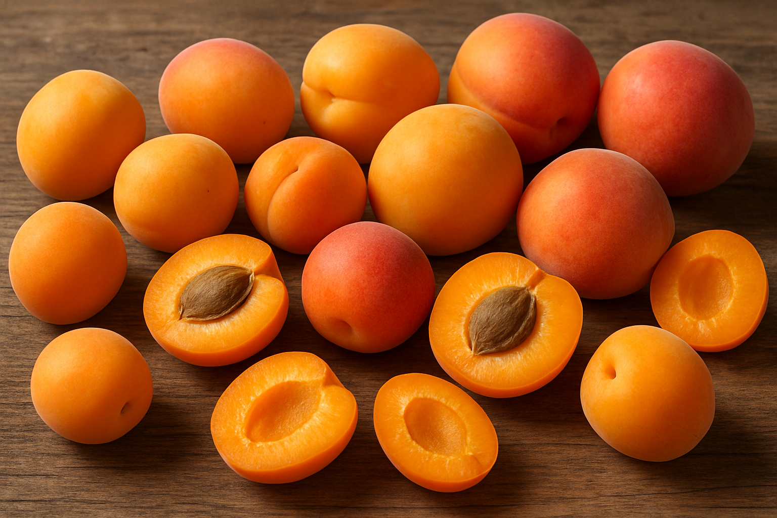 Create a realistic image of multiple varieties of fresh apricots arranged on a rustic wooden surface, showing different types including small orange apricots, larger yellow-orange apricots, and deep orange-red apricots, some whole and some cut in half to reveal the pit inside, with natural daylight illuminating the scene from above, creating soft shadows and highlighting the fuzzy texture of the apricot skins and the juicy flesh inside, absolutely NO text should be in the scene.