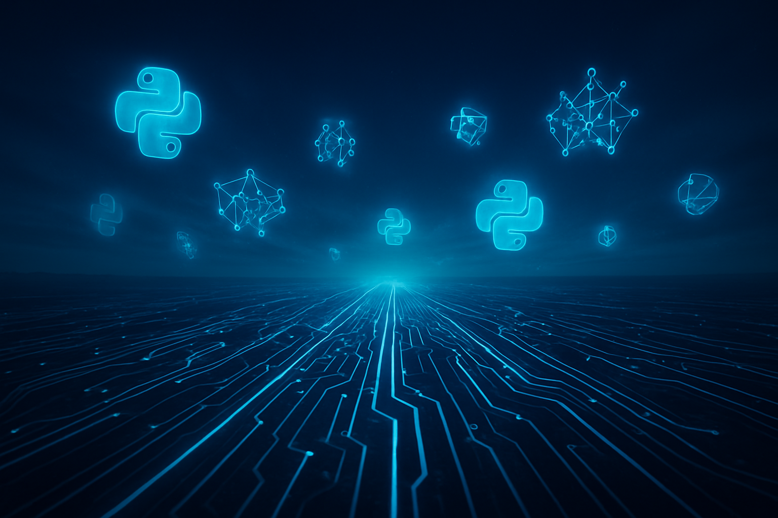 Create a realistic image of a futuristic digital landscape showing multiple branching pathways made of glowing circuit patterns extending toward the horizon, with floating holographic Python code symbols and AI neural network nodes scattered throughout the scene, set against a deep blue twilight sky with subtle aurora-like light effects, conveying a sense of infinite technological possibilities and advancement, shot from a low angle perspective with dramatic lighting that emphasizes the forward momentum and expansive nature of the pathways, absolutely NO text should be in the scene.