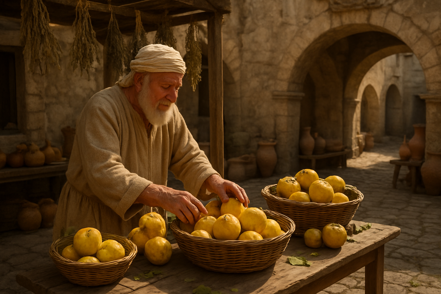 Create a realistic image of an ancient Mediterranean marketplace scene with fresh golden quince fruits displayed in woven baskets on wooden tables, elderly white male merchant in traditional robes arranging the quinces, stone archways and terracotta pottery in the background, warm golden sunlight filtering through the scene creating soft shadows, dried herbs hanging from wooden beams overhead, cobblestone ground with scattered quince leaves, rustic Mediterranean architecture with weathered stone walls, peaceful historical atmosphere suggesting centuries-old trading traditions, absolutely NO text should be in the scene.