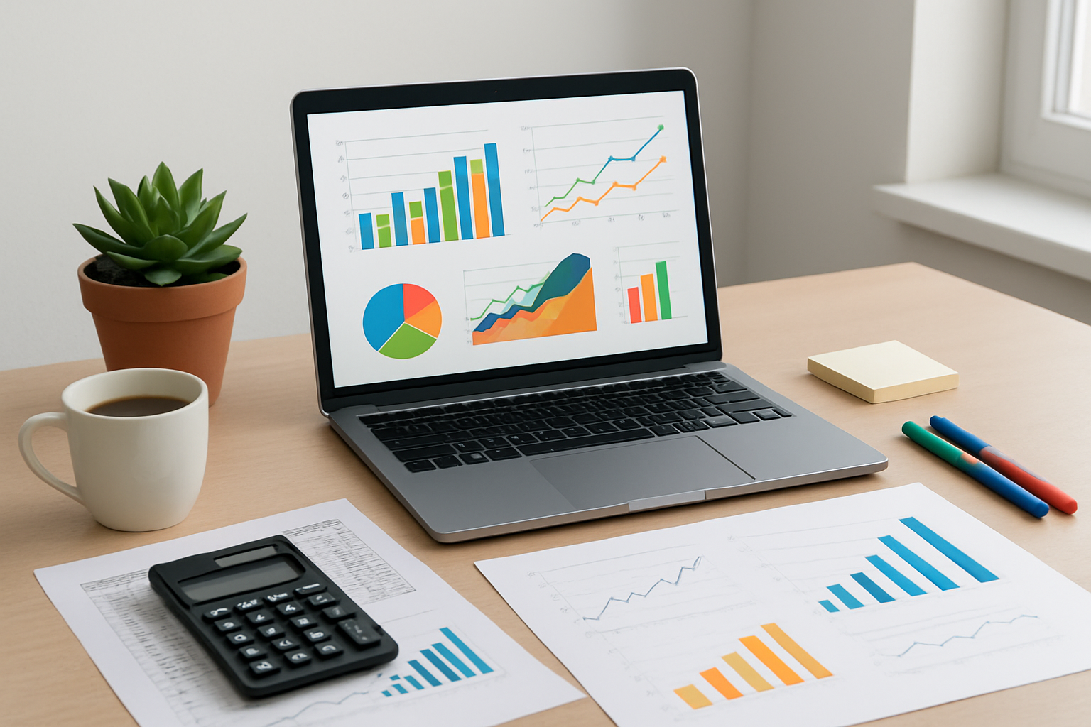 Create a realistic image of a modern office desk with a laptop displaying colorful analytics charts and growth graphs on the screen, surrounded by business planning materials including printed spreadsheets with upward trending data, a calculator, colored pens, and sticky notes, with a potted plant and coffee cup nearby, set against a clean white background with natural lighting from a window, conveying a professional and organized atmosphere focused on data analysis and strategic planning, absolutely NO text should be in the scene.