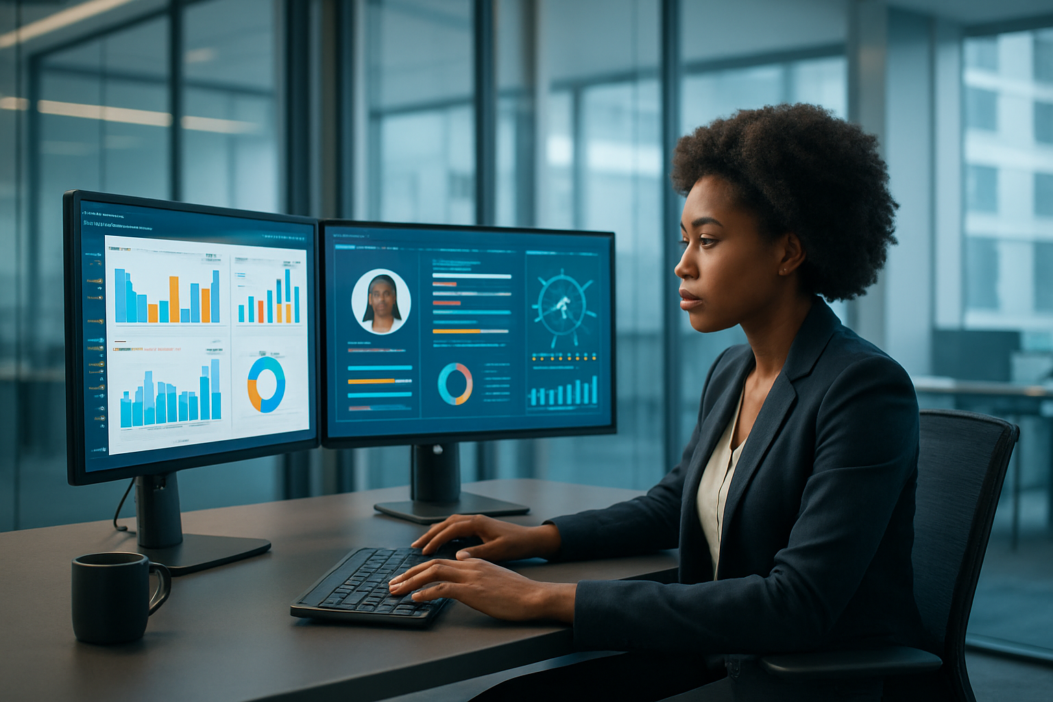 Create a realistic image of a modern office setting with a black female HR professional sitting at a sleek desk analyzing candidate data on multiple computer monitors displaying colorful charts, graphs, and candidate profile visualizations, with AI-powered assessment tools visible on screens, surrounded by a clean contemporary workspace with glass walls, natural lighting streaming through large windows, and subtle blue and white color tones creating a professional and technological atmosphere, absolutely NO text should be in the scene.