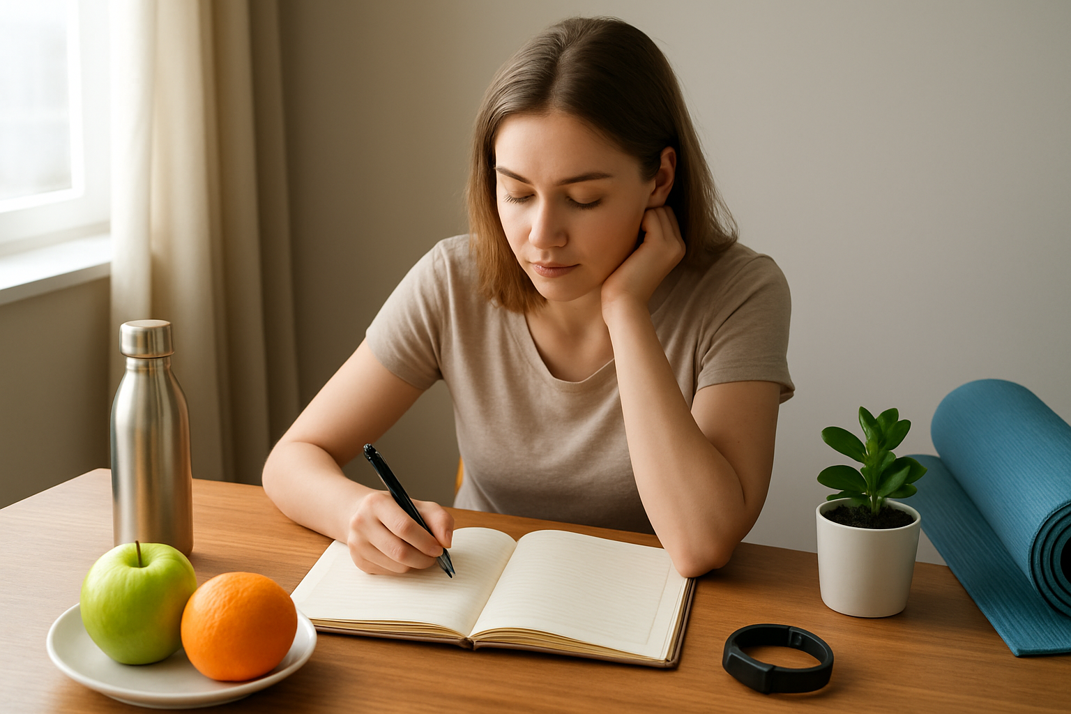 Create a realistic image of a young white female sitting at a wooden desk with a journal open in front of her, thoughtfully holding a pen while looking down at the pages, surrounded by wellness-related items including a water bottle, fresh fruits, a fitness tracker, yoga mat rolled up in the corner, and a small potted plant, with natural daylight streaming through a nearby window creating a calm and organized atmosphere, shot from a slightly elevated angle to show the assessment and planning process, Absolutely NO text should be in the scene.