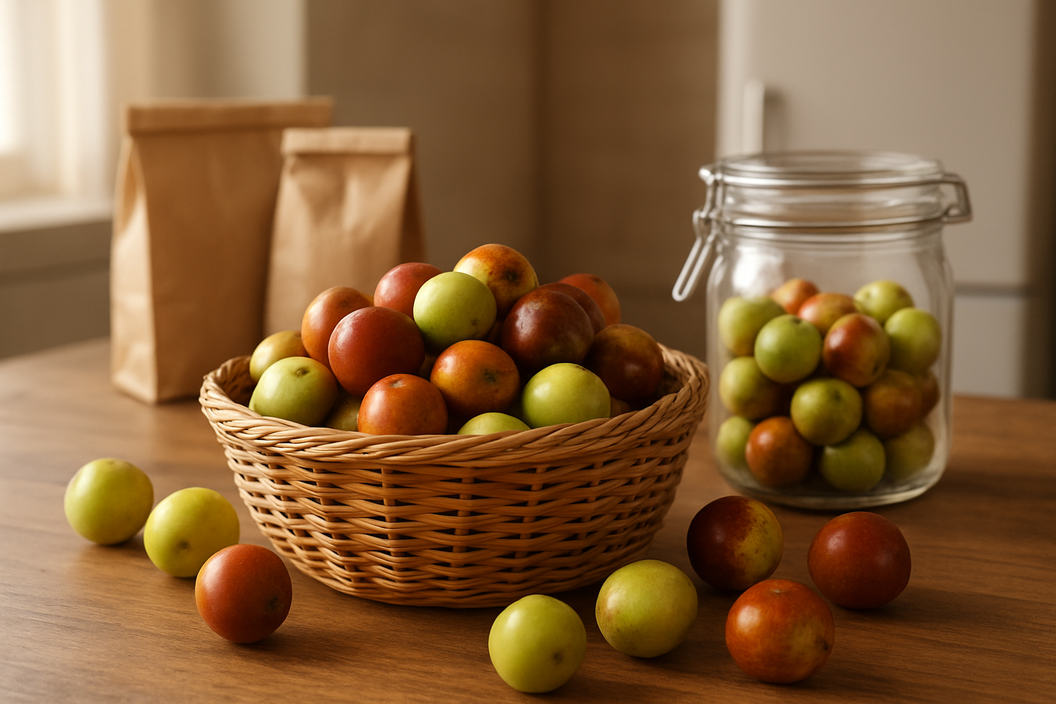 Create a realistic image of fresh jujube fruits displayed in a wicker basket on a wooden kitchen counter, with some jujubes scattered around the basket showing different ripeness stages from green to reddish-brown, alongside a glass storage jar with airtight lid, paper bags, and a refrigerator visible in the blurred background, warm natural lighting from a nearby window, clean and organized kitchen setting with neutral tones, absolutely NO text should be in the scene.