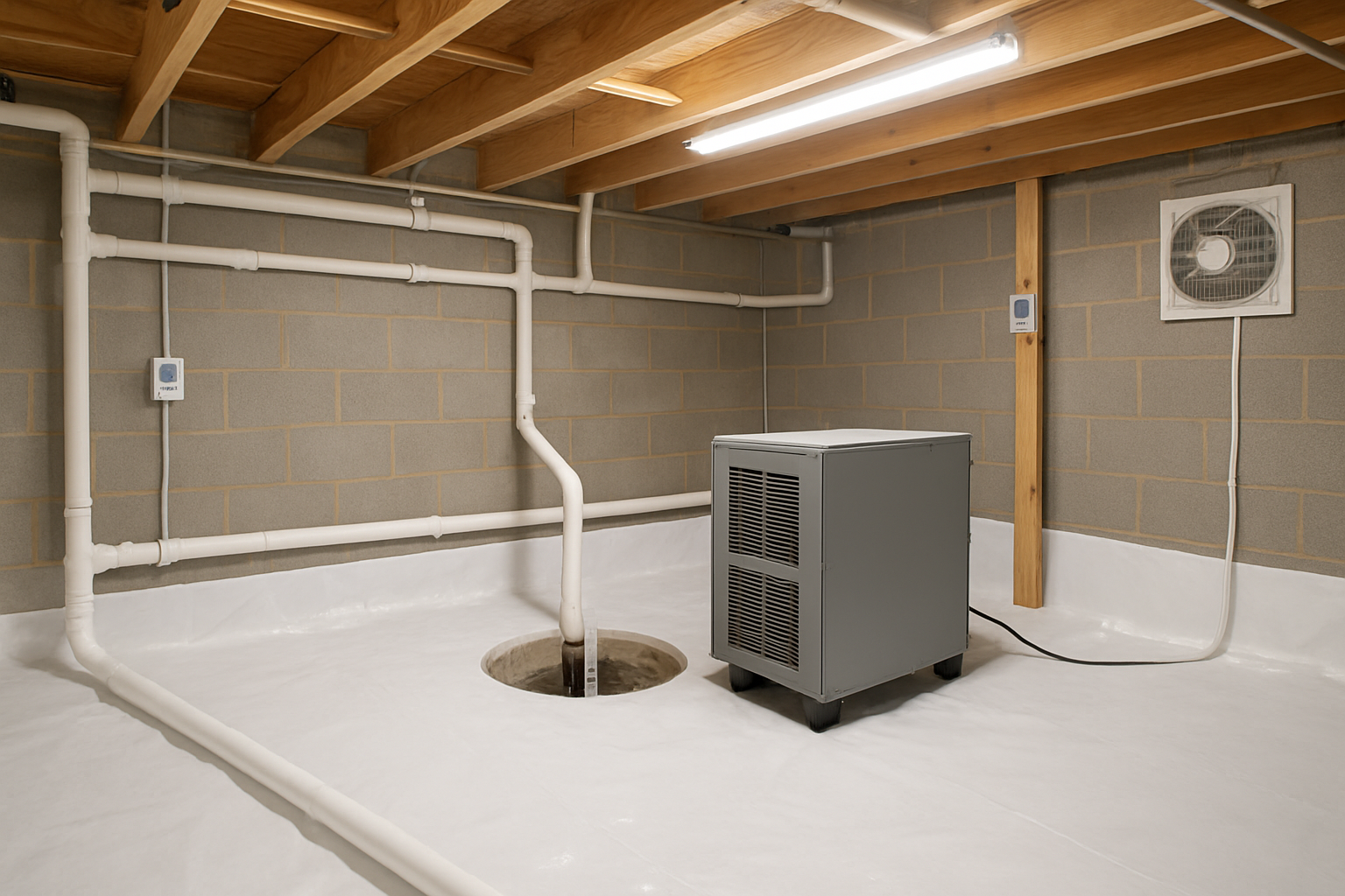 Create a realistic image of a clean, well-lit crawl space interior showing a comprehensive moisture control system with a white plastic vapor barrier covering the ground, industrial dehumidifier unit with visible air intake vents, network of white PVC drainage pipes along the foundation walls, automatic sump pump in a concrete pit, exhaust fans mounted on the walls, and moisture sensors attached to wooden support beams, all set against concrete block foundation walls in bright LED lighting that clearly shows the technical equipment working together to prevent humidity buildup, absolutely NO text should be in the scene.