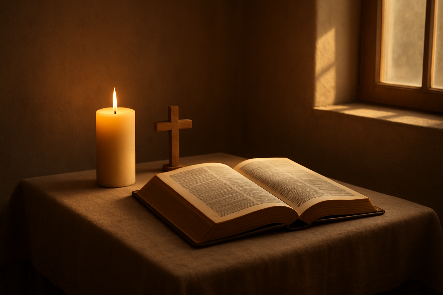 Create a realistic image of a peaceful indoor prayer space with a wooden prayer table featuring an open Bible, a lit candle casting warm golden light, and a small wooden cross, with soft morning sunlight streaming through a nearby window creating gentle shadows, surrounded by a calm and serene atmosphere that evokes deep spiritual contemplation and connection with God, with warm earth tones and soft lighting that creates a sacred and intimate setting for prayer and meditation, absolutely NO text should be in the scene.