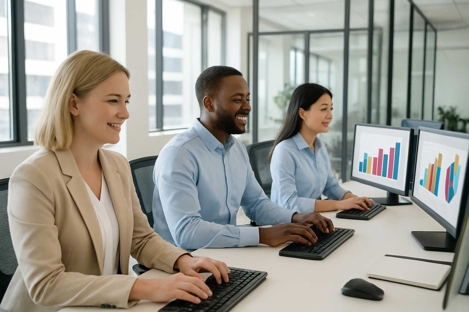 Create a realistic image of a modern corporate office environment showing diverse employees including white female, black male, and Asian female professionals working at computers with data visualization charts and graphs displayed on multiple monitors, featuring colorful bar charts and pie charts representing compensation analysis results, with a bright and positive atmosphere conveying satisfaction and fairness, natural lighting streaming through large windows, clean contemporary workspace with glass conference rooms in the background, absolutely NO text should be in the scene.