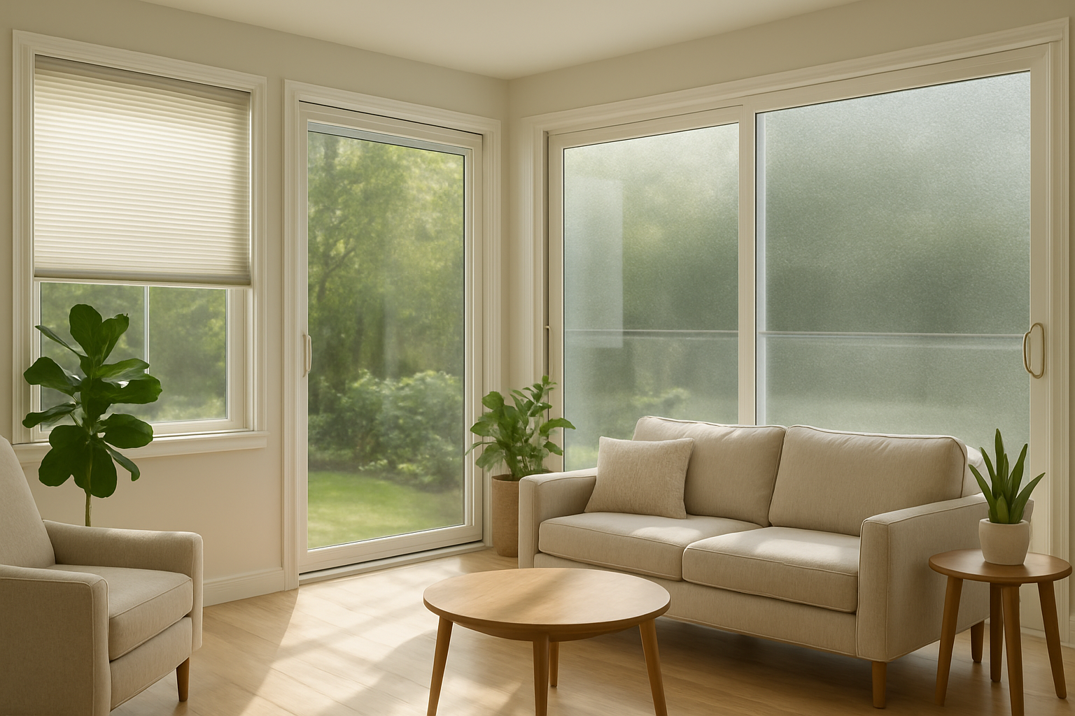 Create a realistic image of a bright sunroom interior showcasing various window insulation solutions, featuring large glass windows and doors with visible insulation treatments such as cellular shades, window film applications, and weatherstripping, natural sunlight streaming through the glass creating warm lighting, comfortable seating furniture arranged in the space, indoor plants near the windows, clean modern aesthetic with neutral colors, peaceful and inviting atmosphere that demonstrates year-round comfort, absolutely NO text should be in the scene.