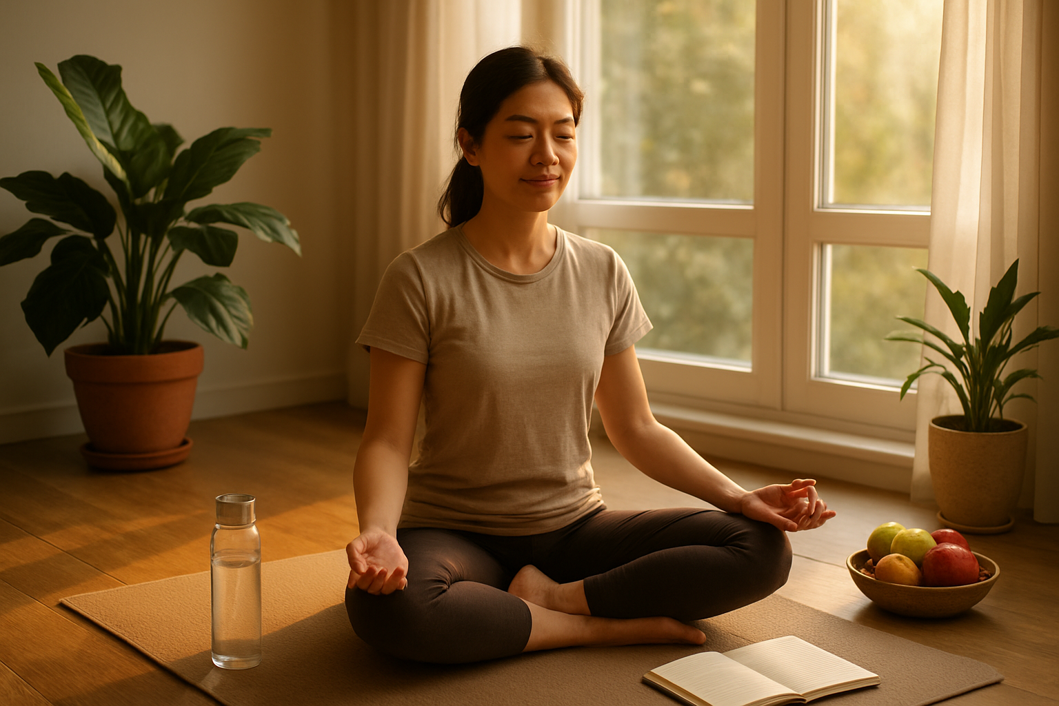 Create a realistic image of a peaceful Asian female in her 30s sitting in a meditation pose on a yoga mat in a serene indoor space with soft natural lighting streaming through large windows, surrounded by elements representing wellness including a journal, water bottle, fresh plants, and healthy fruits, with a calm and harmonious atmosphere that conveys balance and mindful living, shot from a slightly elevated angle with warm golden hour lighting creating a sense of completion and inner peace, absolutely NO text should be in the scene.