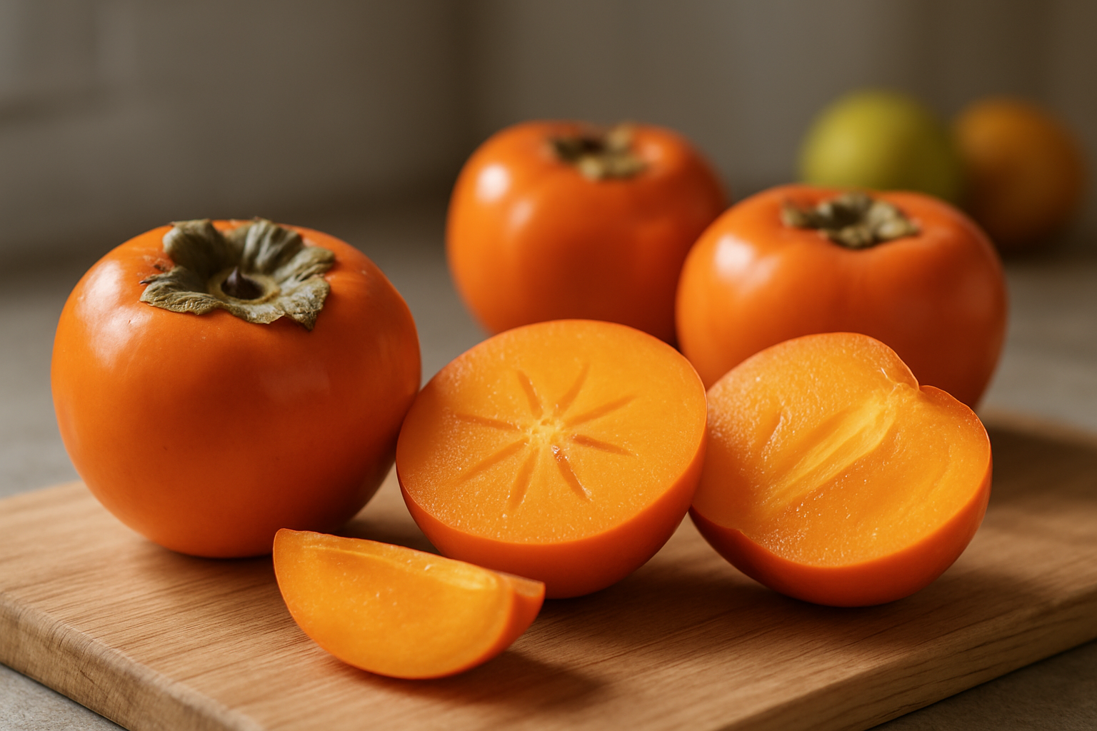 Create a realistic image of fresh persimmon fruits displayed as the main subject, showing both whole and sliced persimmons to reveal their vibrant orange flesh and glossy texture, arranged on a clean wooden cutting board with soft natural lighting from the side, set against a neutral kitchen background with subtle hints of other fresh fruits in soft focus, emphasizing the persimmons' rich orange color and appetizing appearance that highlights their superfruit qualities, absolutely NO text should be in the scene.