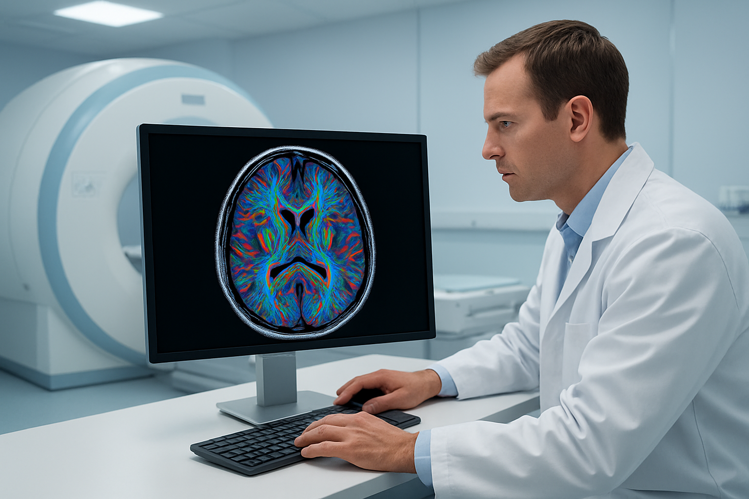 Create a realistic image of a modern MRI machine in a clean medical facility with a detailed cross-sectional view of a human brain displayed on a large monitor screen showing colorful diffusion tensor imaging pathways in blues, greens, and reds against the gray brain tissue, with a white male radiologist in a white coat examining the brain scan results, sterile hospital lighting illuminating the high-tech equipment and workstation, professional medical atmosphere with clean white and blue tones throughout the scene, absolutely NO text should be in the scene.