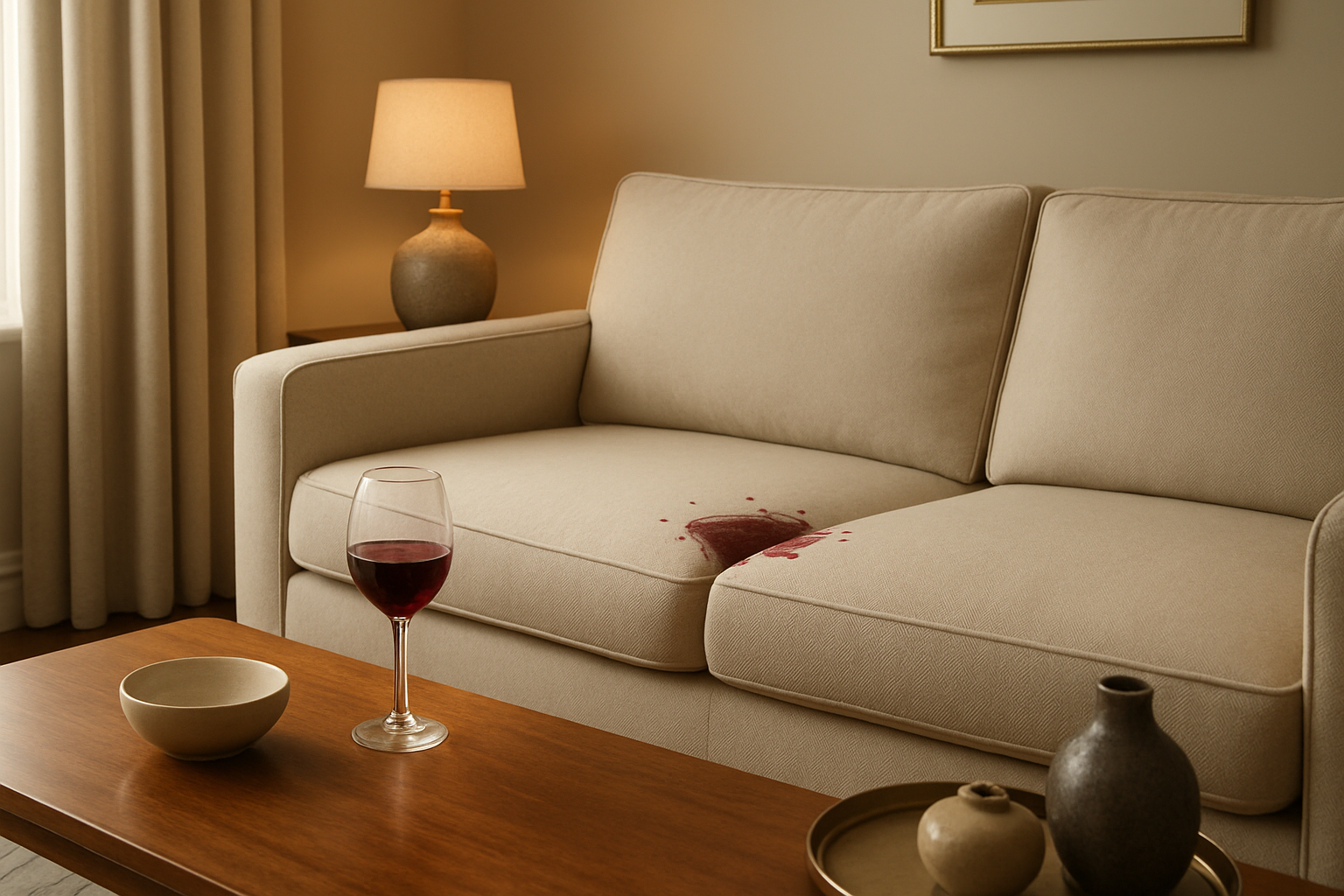 Create a realistic image of a luxurious living room showcasing stain-resistant furniture with a pristine beige sofa and matching curtains, a glass of red wine accidentally spilled on the sofa cushion with the liquid beading up and rolling off without leaving any stain, demonstrating the fabric's exceptional stain resistance, modern interior design with warm ambient lighting, polished wooden coffee table, elegant home decor accessories, clean and sophisticated atmosphere emphasizing durability and quality, absolutely NO text should be in the scene.