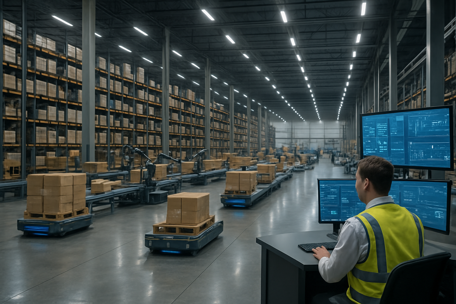 Create a realistic image of a modern automated warehouse interior with towering shelves of organized inventory, robotic systems moving packages along conveyor belts, automated guided vehicles transporting pallets across polished concrete floors, LED lighting illuminating the vast space, digital screens displaying logistics data mounted on walls, and a white male warehouse supervisor in safety vest monitoring operations from a control station, with the overall atmosphere conveying technological efficiency and streamlined operations, absolutely NO text should be in the scene.
