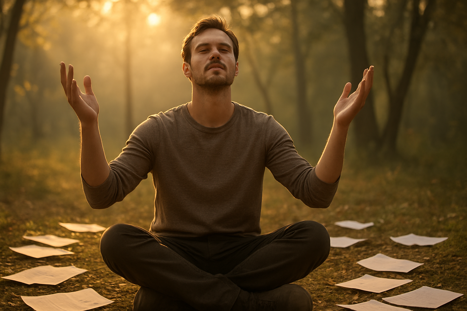 Create a realistic image of a peaceful person with hands gently open and raised upward in a releasing gesture, sitting in a serene natural setting with soft morning sunlight filtering through trees, surrounded by scattered papers or documents on the ground representing released plans, with a calm expression of surrender and trust, warm golden lighting creating a spiritual atmosphere of letting go and faith. Absolutely NO text should be in the scene.