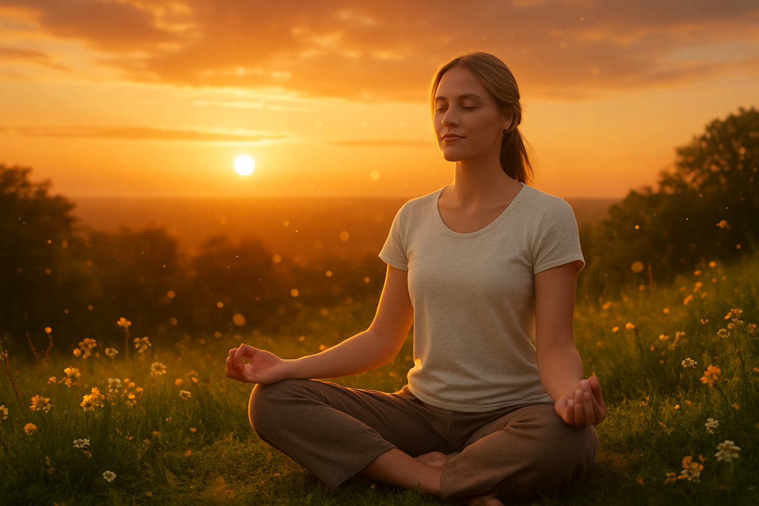 Create a realistic image of a serene outdoor scene at golden hour, featuring a white female sitting cross-legged on a peaceful hilltop, hands resting gently on her knees in a meditative pose, surrounded by soft glowing light, blooming flowers, and lush greenery, with a warm sunset sky in the background radiating golden and amber tones, a subtle sense of spiritual energy depicted through soft bokeh light particles floating around her, conveying deep inner peace, gratitude, and abundance, the overall mood being uplifting, harmonious, and transcendent. Absolutely NO text should be in the scene.