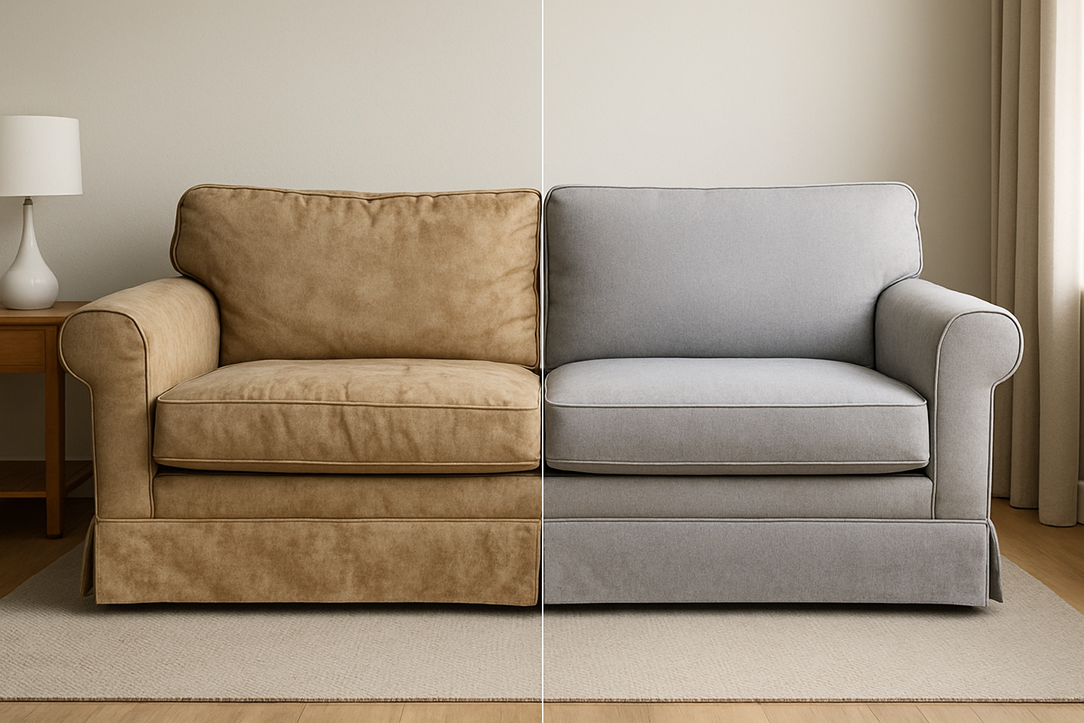 Create a realistic image of a split-screen comparison showing the same sofa in two states: on the left side, an old worn-out couch with faded fabric, sagging cushions, and visible wear marks, and on the right side, the same couch after reupholstering with fresh modern fabric, restored cushions, and renewed appearance, set in a contemporary living room with neutral lighting, showcasing the transformation and cost-effectiveness of furniture reupholstering versus buying new furniture. Absolutely NO text should be in the scene.
