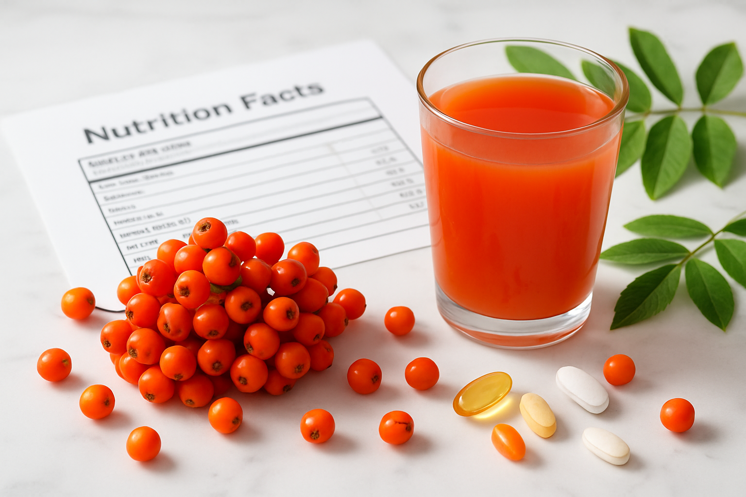Create a realistic image of fresh rowanberries arranged on a clean white marble surface alongside a nutrition facts display chart, with a glass of vibrant orange-red rowanberry juice, scattered vitamins and supplement capsules, and fresh green leaves, photographed with bright natural lighting to emphasize the health and wellness theme, absolutely NO text should be in the scene.