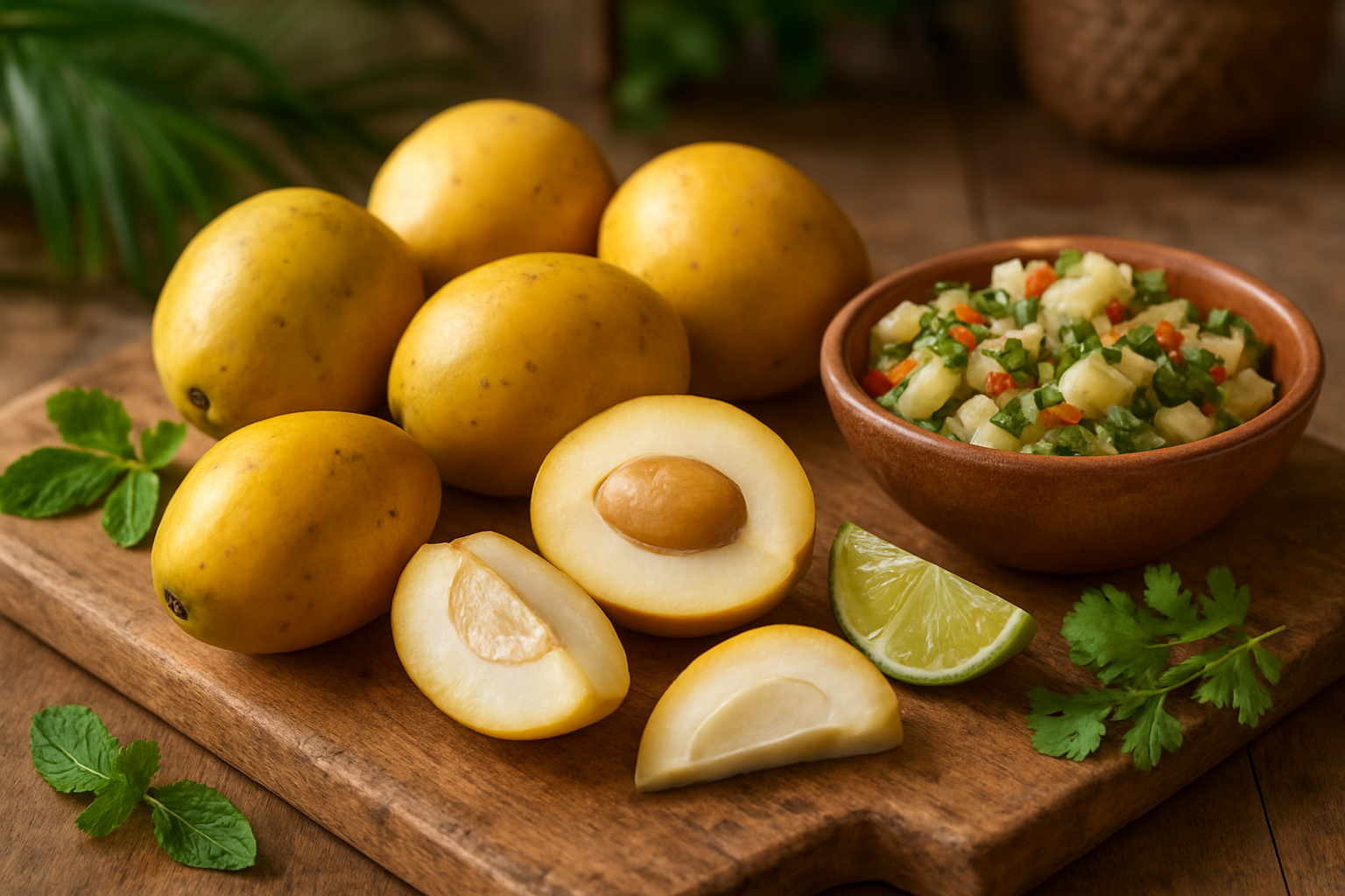Create a realistic image of fresh ambarella fruits displayed on a rustic wooden cutting board with some sliced pieces showing the white flesh and seed inside, alongside a small bowl of prepared ambarella dish or salad, with tropical kitchen setting in soft natural lighting, vibrant colors highlighting the golden-yellow skin of the fruits, complemented by fresh herbs and lime wedges scattered around, warm and inviting culinary atmosphere, absolutely NO text should be in the scene.