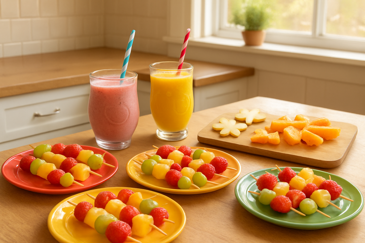 Create a realistic image of a bright, cheerful kitchen scene showing colorful fruit kabobs arranged on rainbow-colored plates, fruit smoothies in fun-shaped glasses with colorful straws, apple slices cut into star shapes, and orange segments arranged like flowers on a wooden cutting board, with natural sunlight streaming through a window creating a warm, inviting atmosphere that showcases creative and appealing ways to present fruits to children, absolutely NO text should be in the scene.