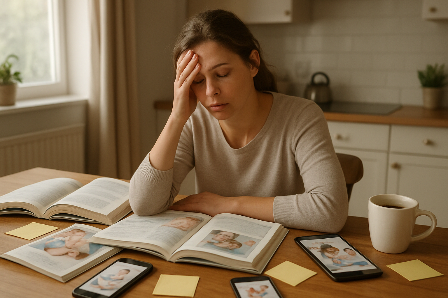 Create a realistic image of a tired white female mother sitting at a kitchen table surrounded by multiple open parenting books, tablets, and smartphones displaying various parenting websites and apps, with sticky notes scattered around, a coffee mug nearby, and soft natural lighting coming through a window, conveying a sense of overwhelm and confusion from too much conflicting parenting information, absolutely NO text should be in the scene.