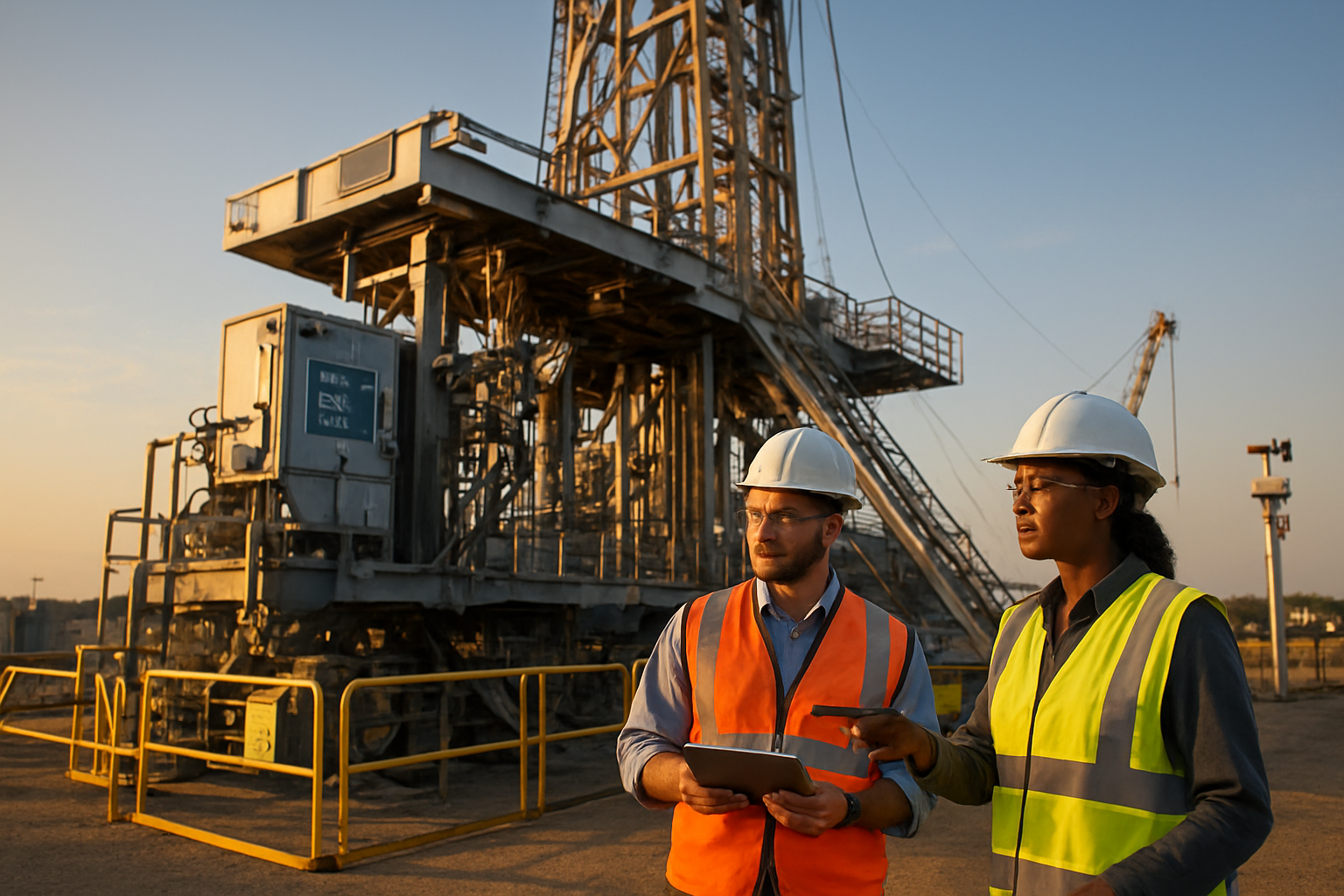 Create a realistic image of a modern onshore oil drilling rig at golden hour showcasing successful upgrade completion, featuring upgraded drilling equipment with sleek metallic surfaces, advanced control panels with digital displays, automated robotic systems, enhanced safety barriers and warning systems, environmental monitoring equipment, a white male engineer in safety gear reviewing tablet data in the foreground, and a black female supervisor wearing hard hat and high-visibility vest pointing toward the modernized rig structure, with industrial crane equipment visible, clear blue sky with warm golden lighting casting long shadows across the well-organized work site, conveying achievement and technological advancement. Absolutely NO text should be in the scene.