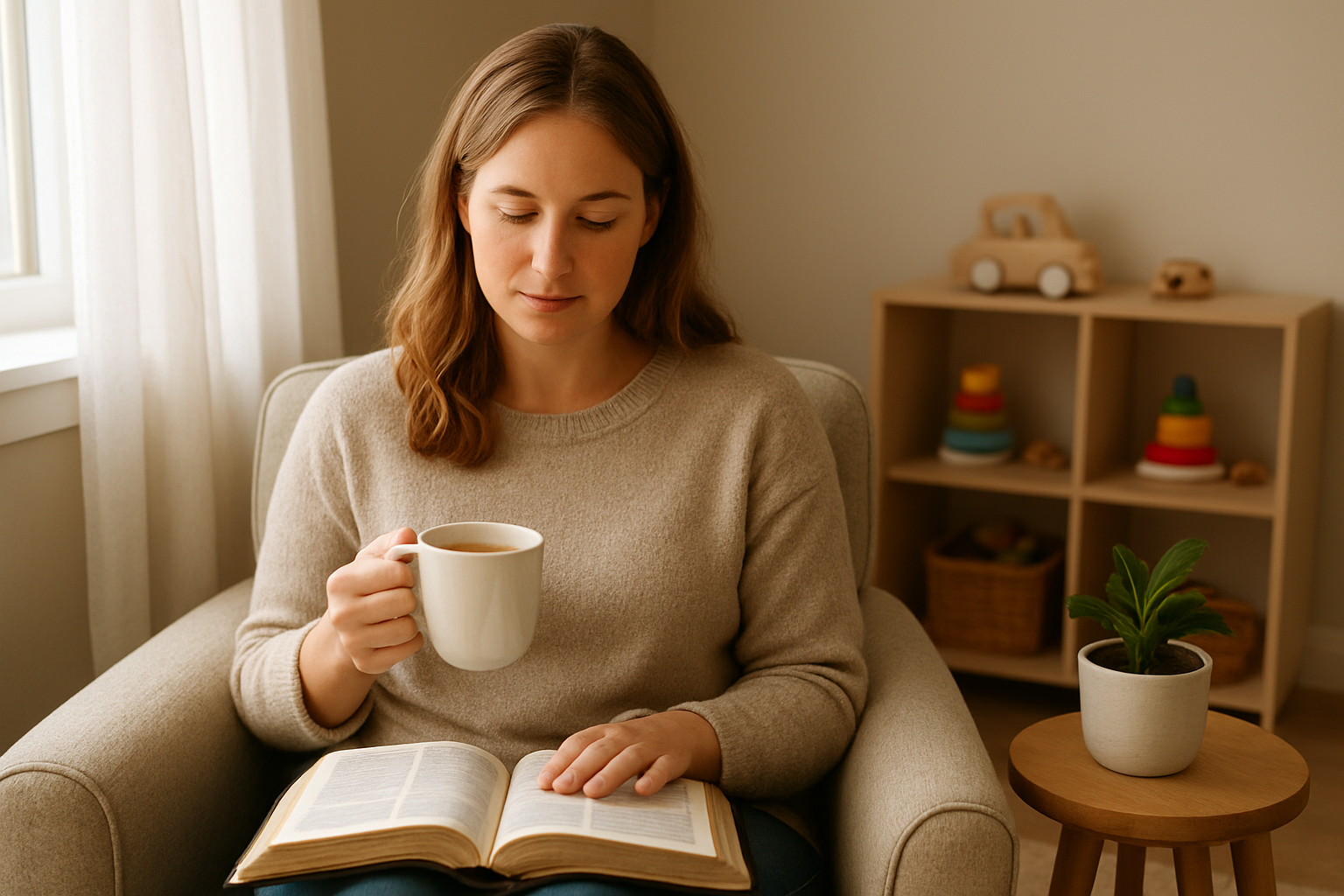Create a realistic image of a peaceful white female mother sitting in a cozy living room corner, gently reading a Bible while holding a warm cup of tea, with soft natural lighting streaming through a nearby window, a small potted plant on a side table, and children's toys neatly organized in the background, conveying a serene atmosphere of quiet reflection and self-care within a family home setting, absolutely NO text should be in the scene.