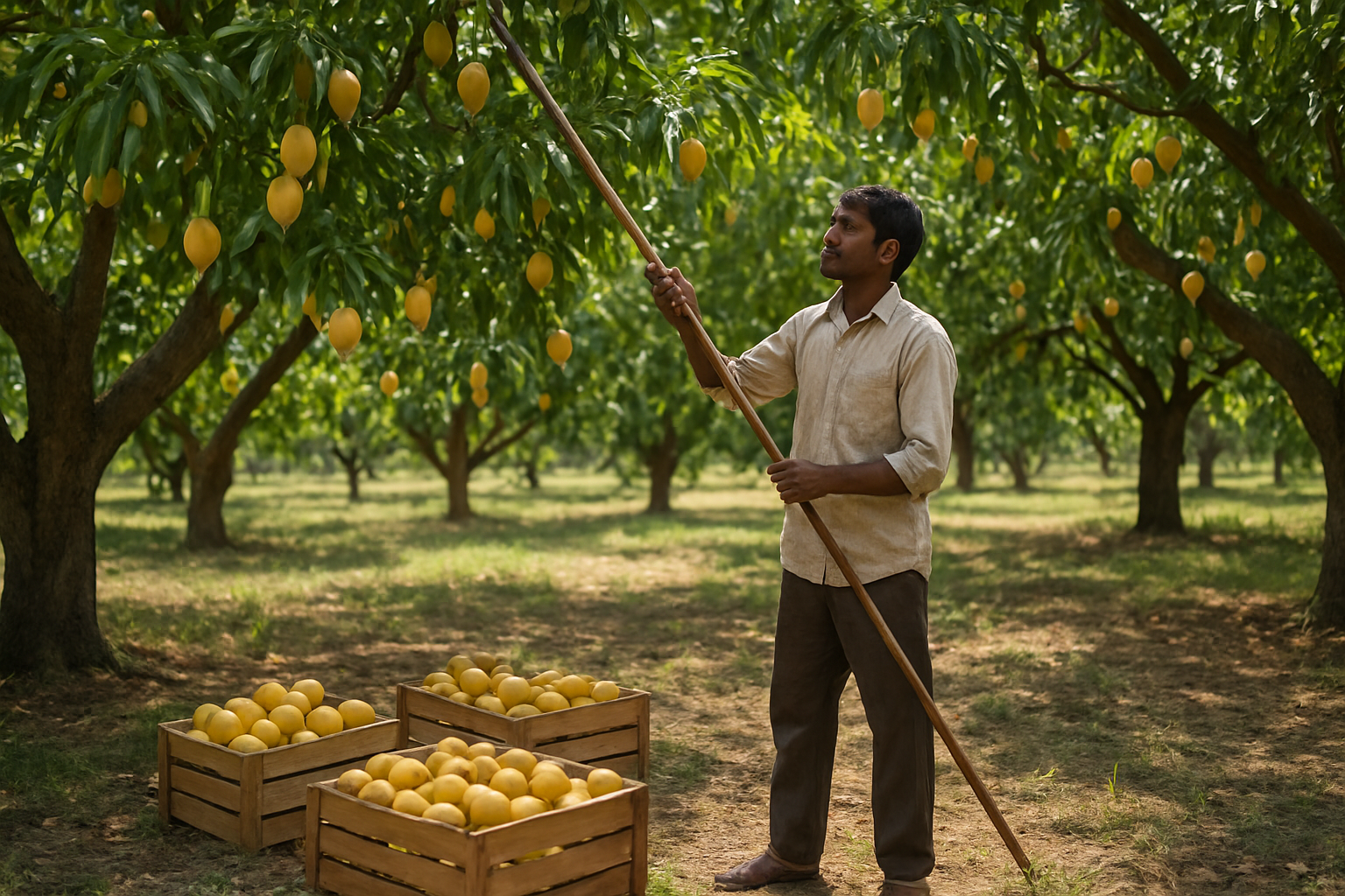 Create a realistic image of a mango orchard during harvest season showing mature mango trees with heavy branches laden with ripe yellow and orange mangoes, some mangoes being hand-picked by a South Asian male farmer wearing simple work clothes and using a long harvesting pole, wooden crates filled with freshly picked mangoes placed beneath the trees on the ground, bright natural sunlight filtering through the green foliage creating dappled shadows, rural agricultural setting with other mango trees visible in the background, peaceful and productive farming atmosphere. Absolutely NO text should be in the scene.