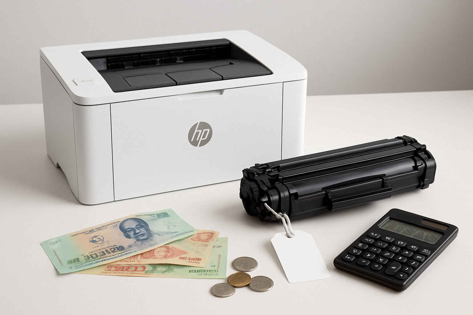 Create a realistic image of a HP LaserJet Pro M108w printer on a clean white desk with a black toner cartridge prominently displayed next to it, several Vietnamese dong banknotes and coins scattered nearby representing cost, a calculator showing numbers, and a price tag attached to the toner cartridge, indoor office lighting with soft shadows, professional and organized atmosphere, absolutely NO text should be in the scene.