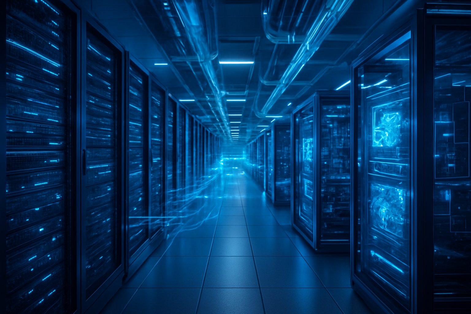 Create a realistic image of a modern data center with rows of sleek servers and quantum computing units glowing with blue LED lights, holographic data streams flowing through the air, advanced cooling systems with transparent tubes, futuristic server racks with crystalline processors, ambient blue and white lighting creating a high-tech atmosphere, clean metallic surfaces reflecting the glow, and a sense of cutting-edge technological advancement, absolutely NO text should be in the scene.