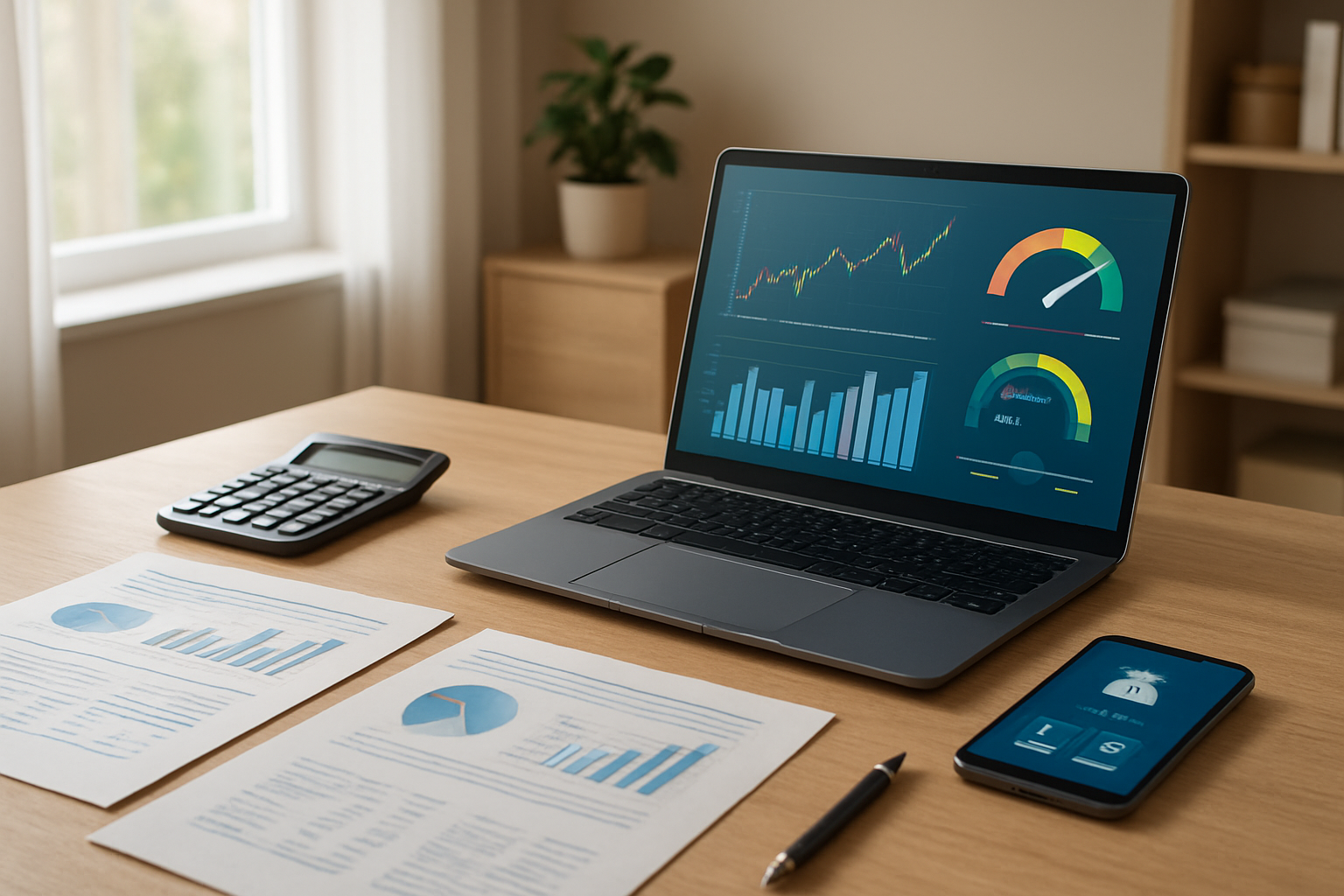 Create a realistic image of a clean, modern desk setup with a sleek laptop displaying financial charts and credit score graphs on the screen, surrounded by organized financial documents, a calculator, and a smartphone showing a banking app, with a comfortable home office background featuring soft natural lighting from a window, creating an atmosphere of financial success and organization. Absolutely NO text should be in the scene.
