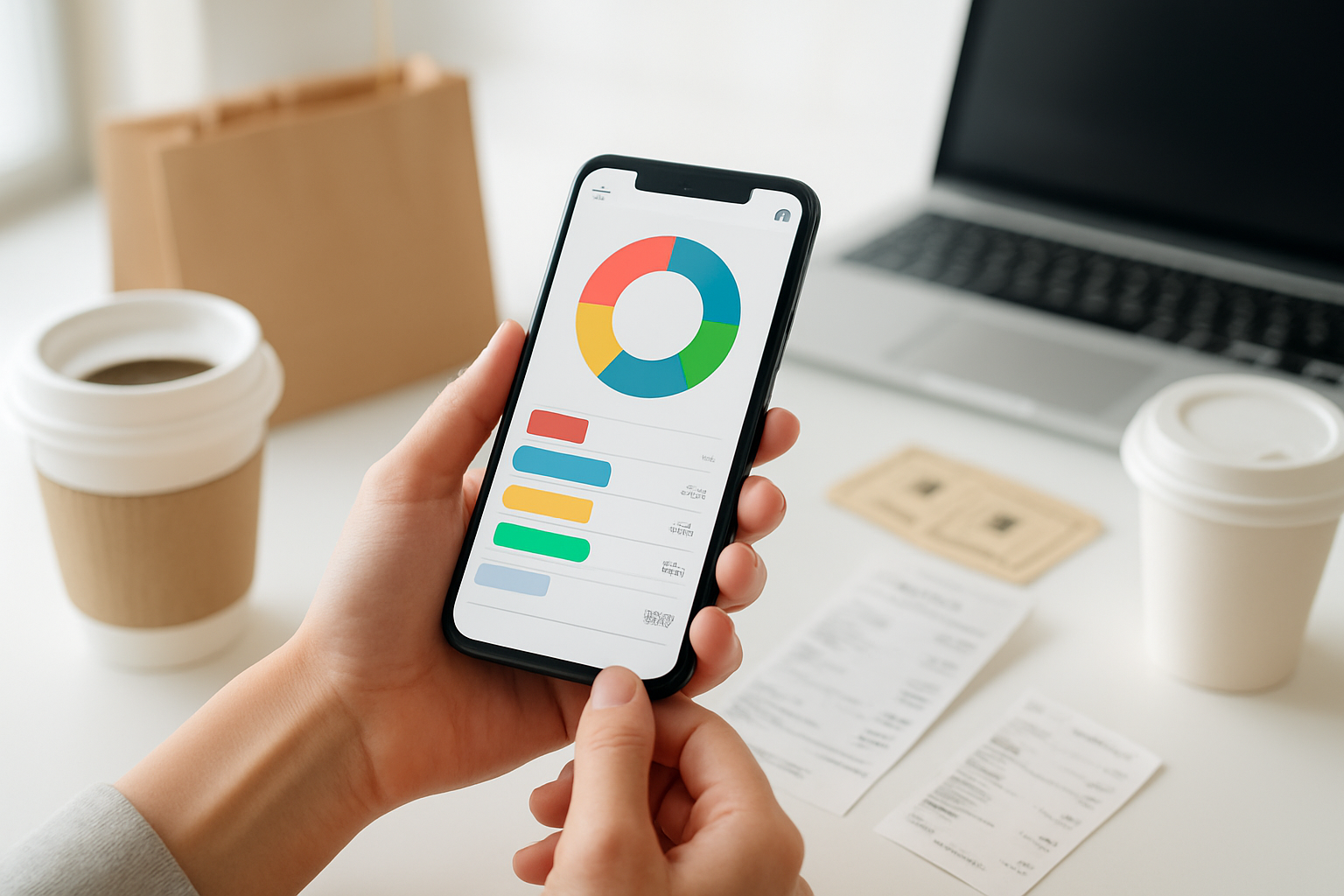 Create a realistic image of a person's hands holding a smartphone displaying a expense tracking app with colorful spending categories, surrounded by everyday discretionary items like coffee cups, shopping bags, movie tickets, and restaurant receipts scattered on a clean white desk, with a laptop computer partially visible in the background, soft natural lighting from a window, conveying a sense of organized financial monitoring and awareness, absolutely NO text should be in the scene.